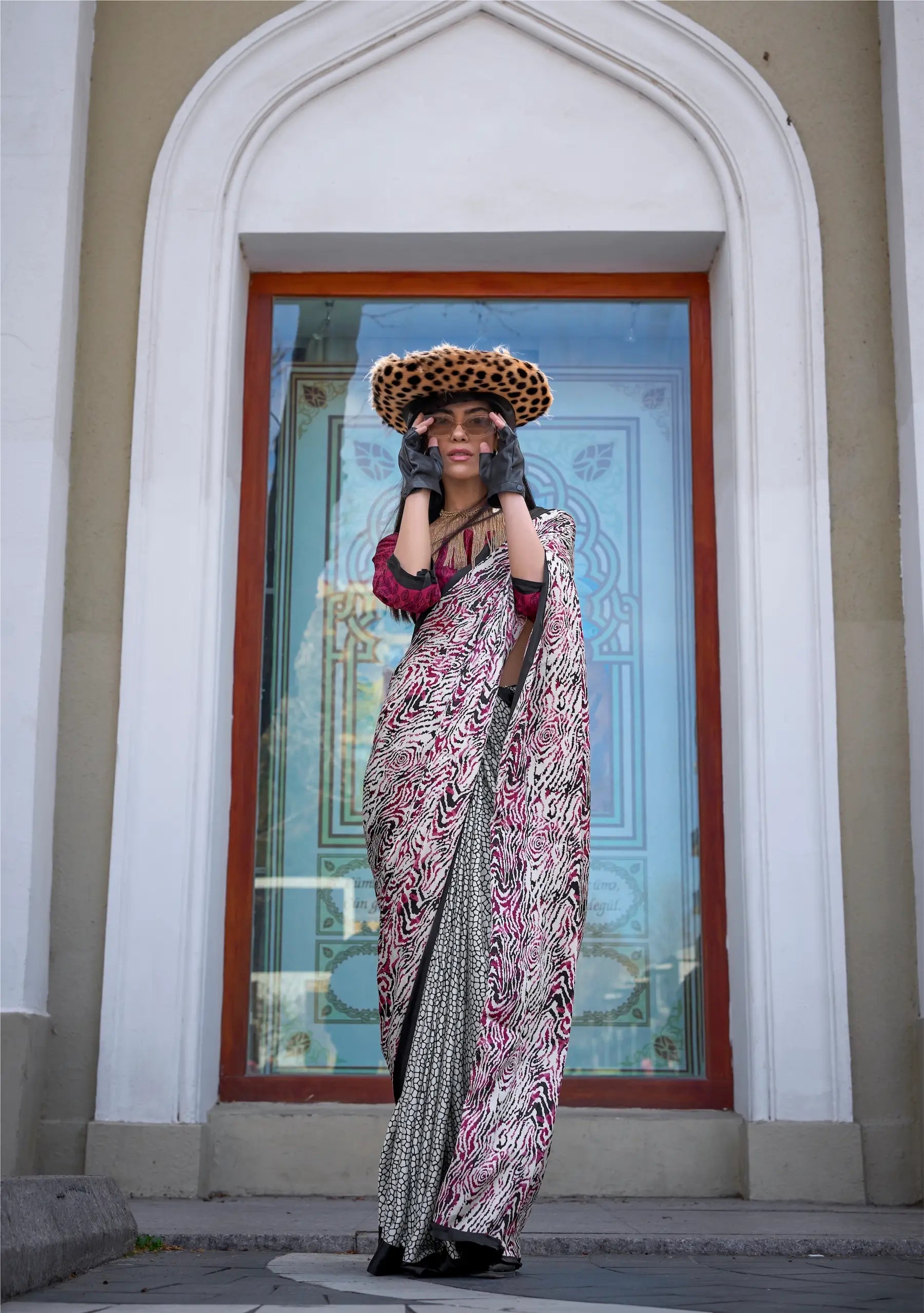 Brick Red Satin Crepe Digital Printed Saree