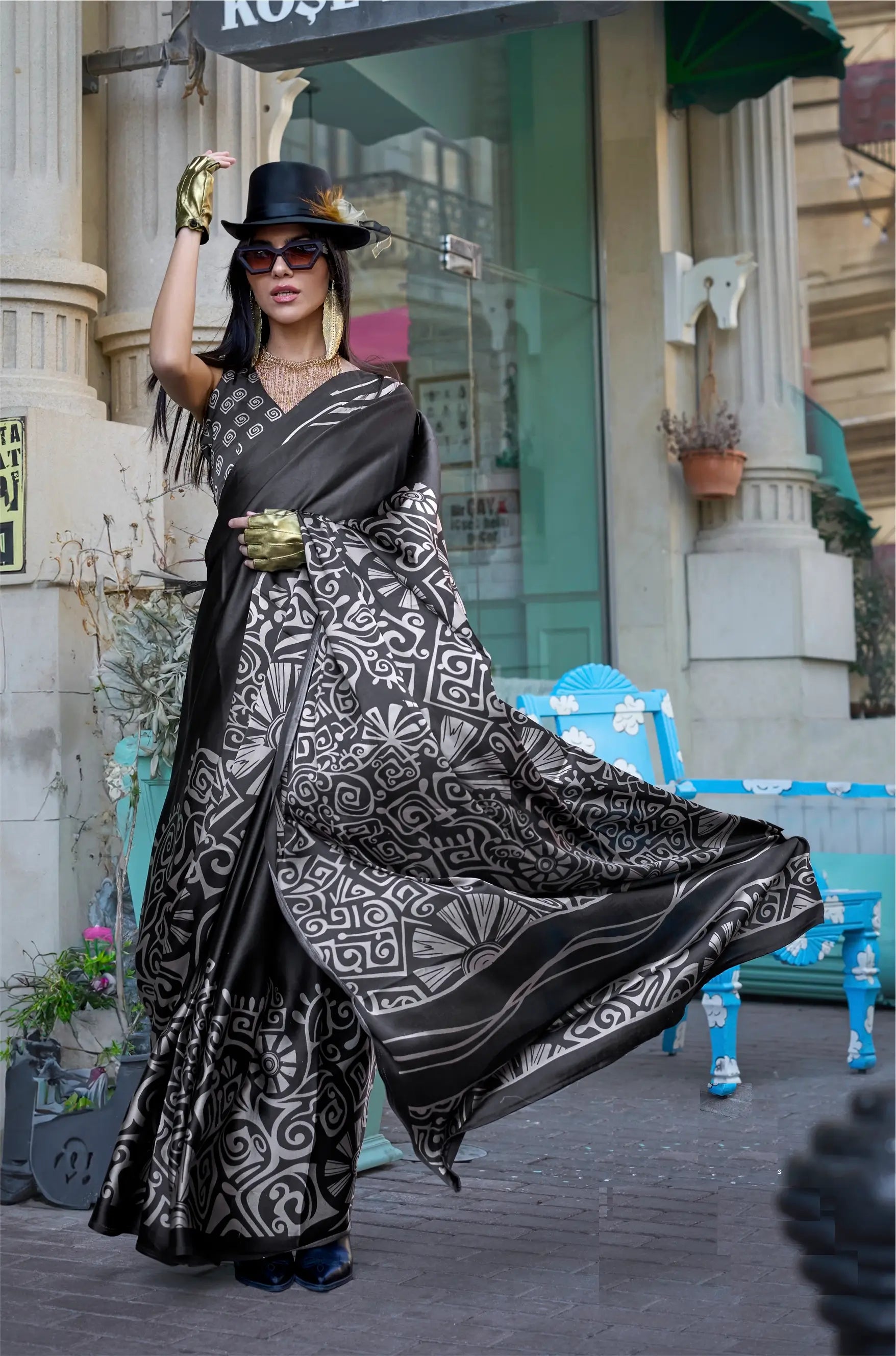 Black Satin Crepe Digital Printed Saree - qivii