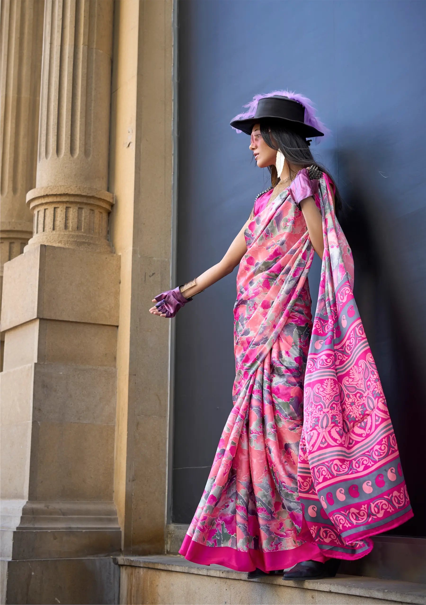 Candy Pink Satin Crepe Digital Printed Saree - qivii