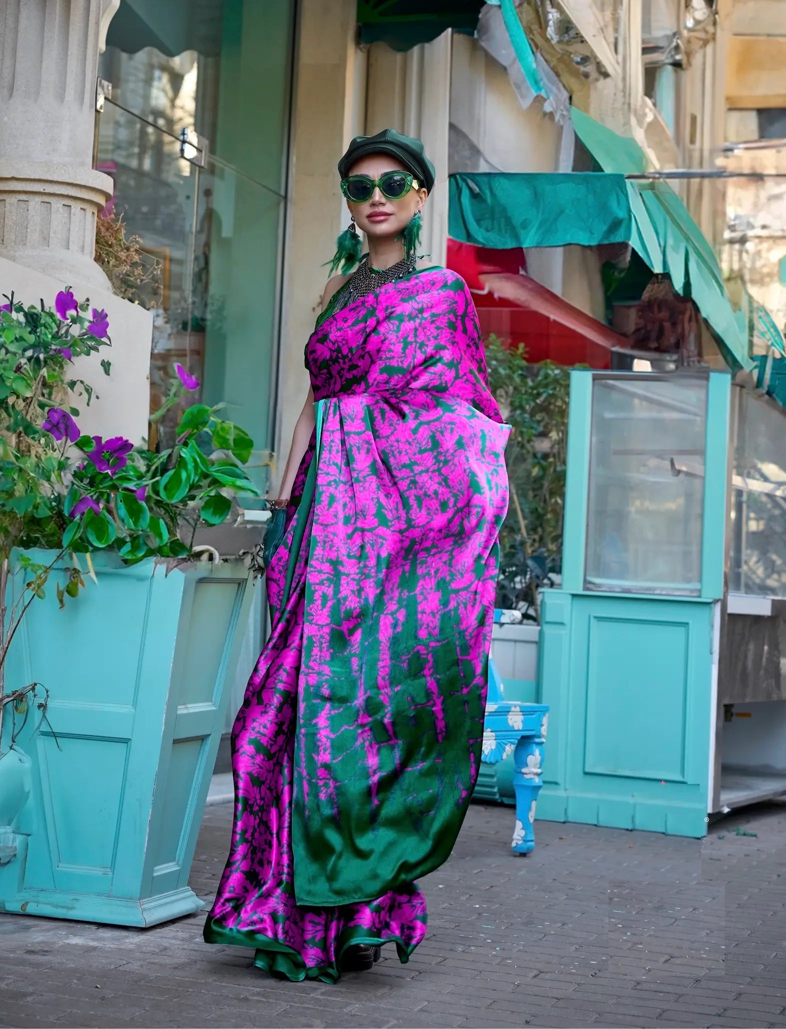 Hot Pink Satin Crepe Digital Printed Saree - qivii