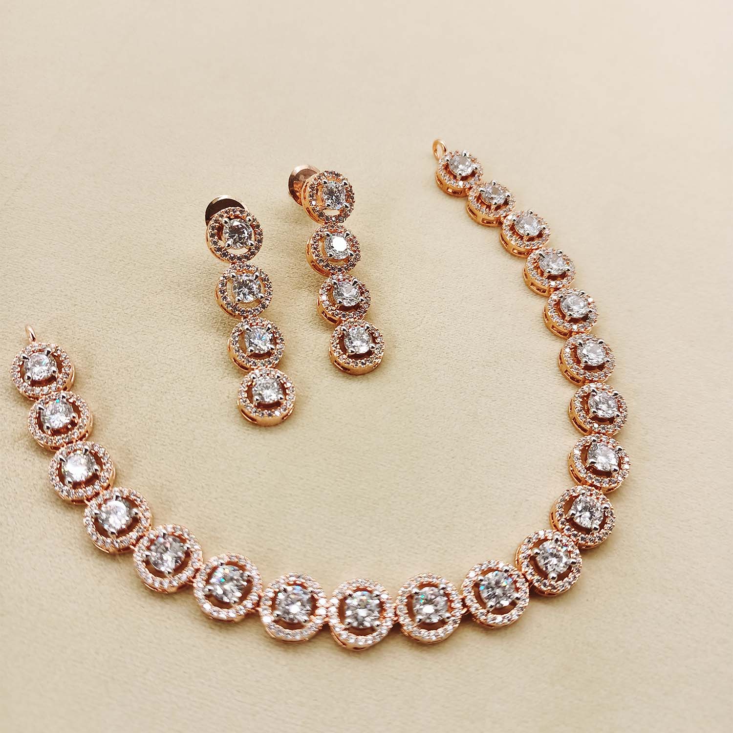 Jasmin Diamond Neck Line Rose Plated Necklace Set - qivii