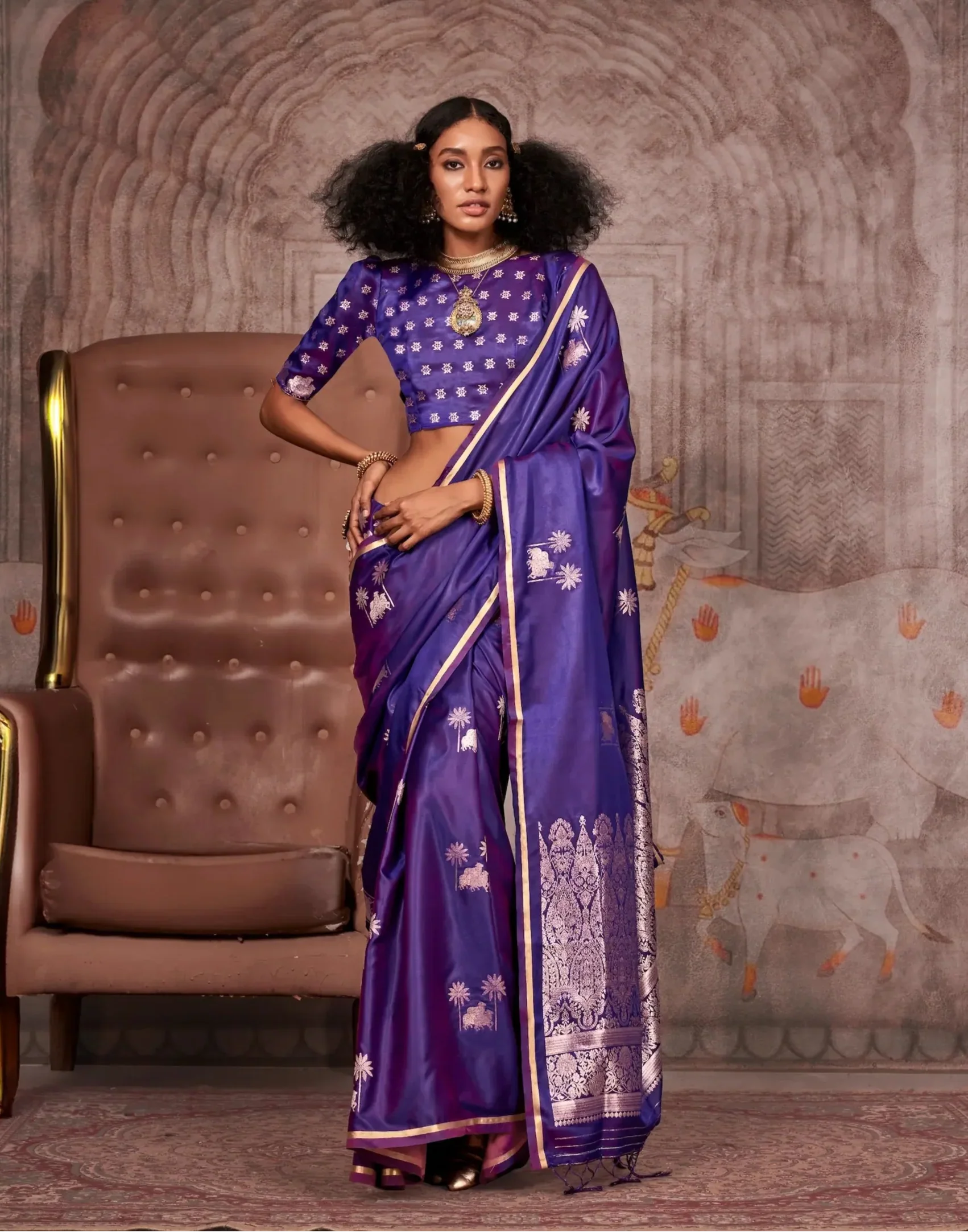 Purple Satin Handloom Zari Weaving Silk Saree - qivii