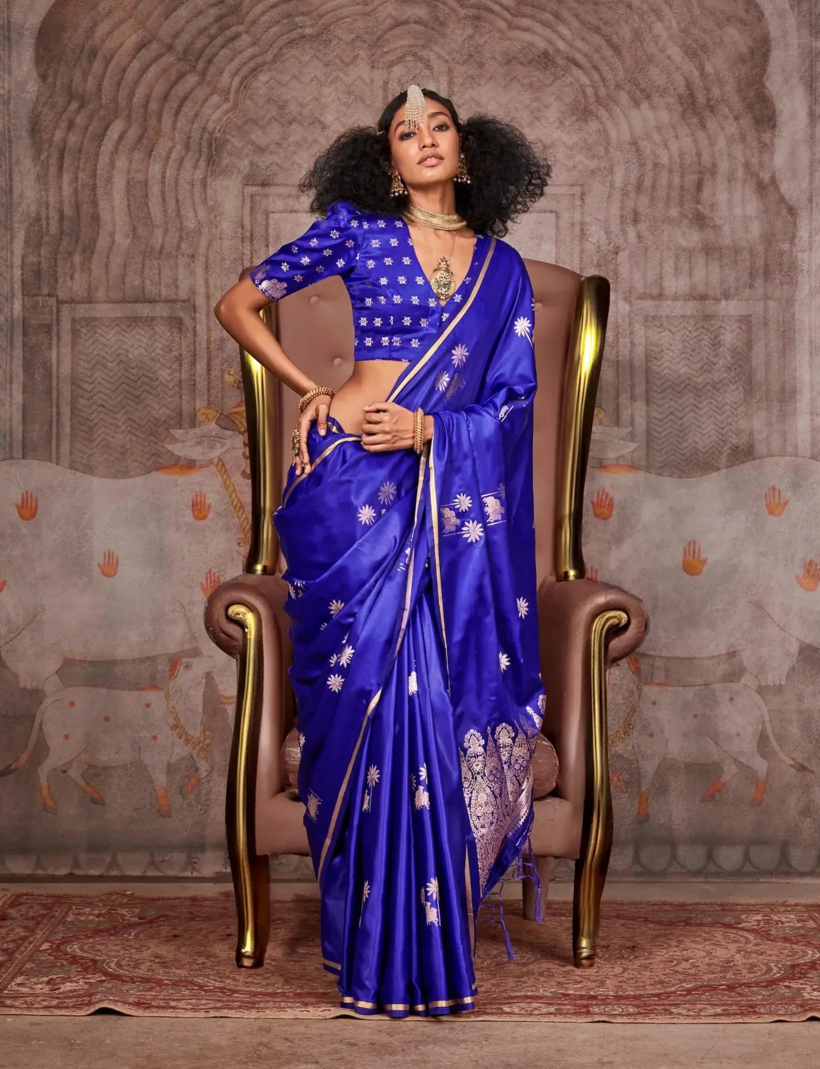 Royal Blue Satin Handloom Zari Weaving Silk Saree - qivii