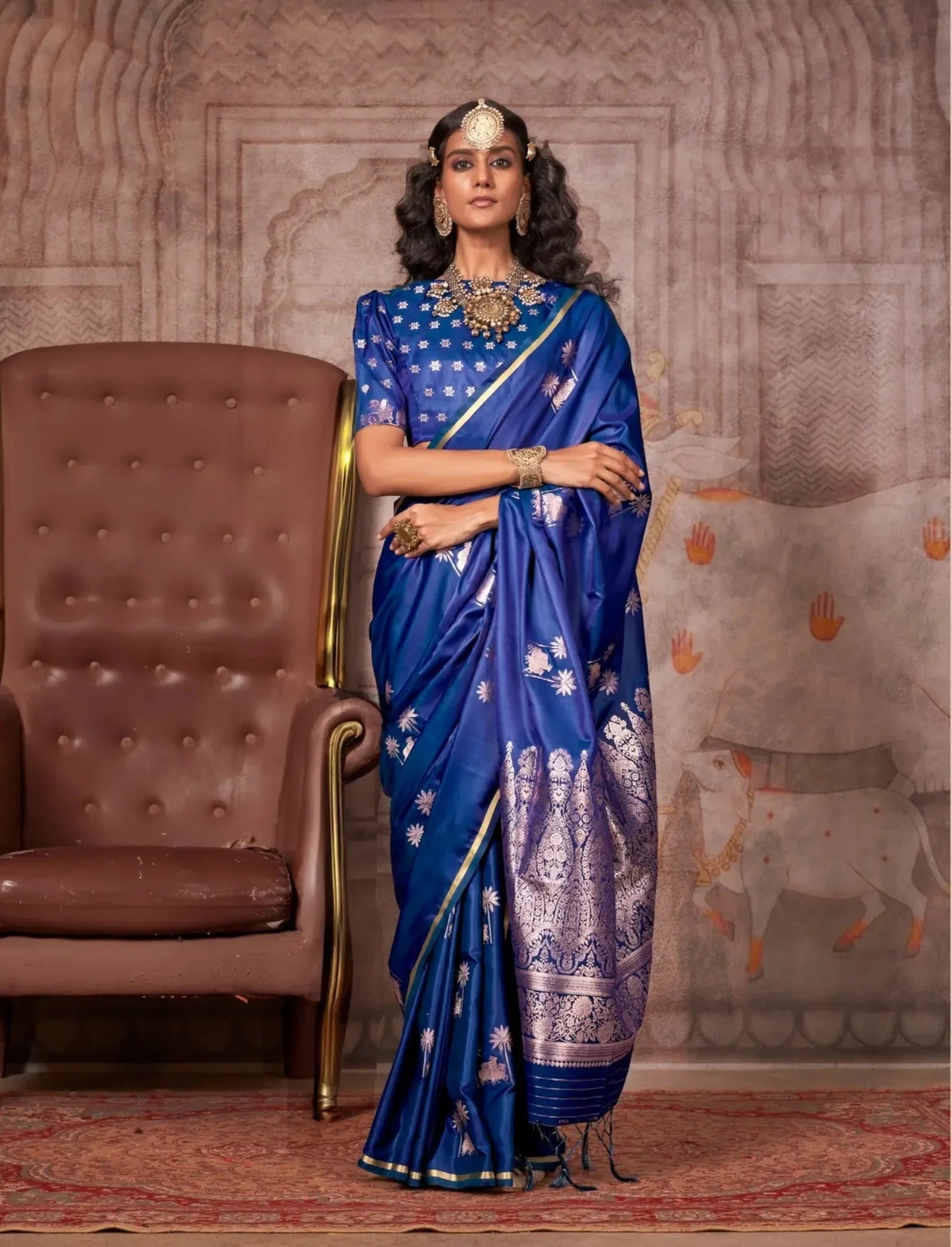 Blue Satin Handloom Zari Weaving Silk Saree - qivii