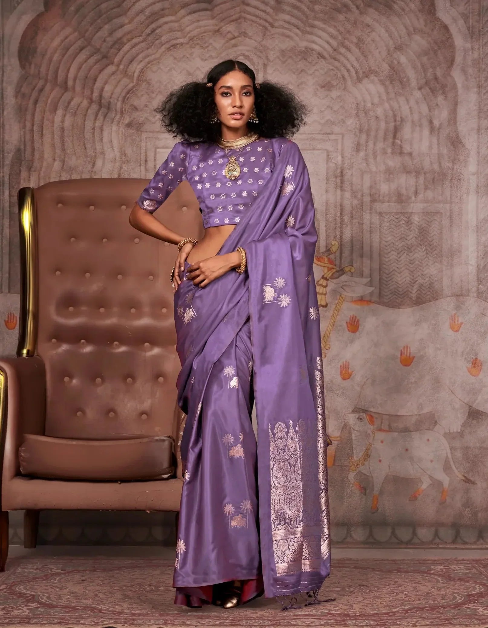 Lavender Satin Handloom Zari Weaving Silk Saree - qivii