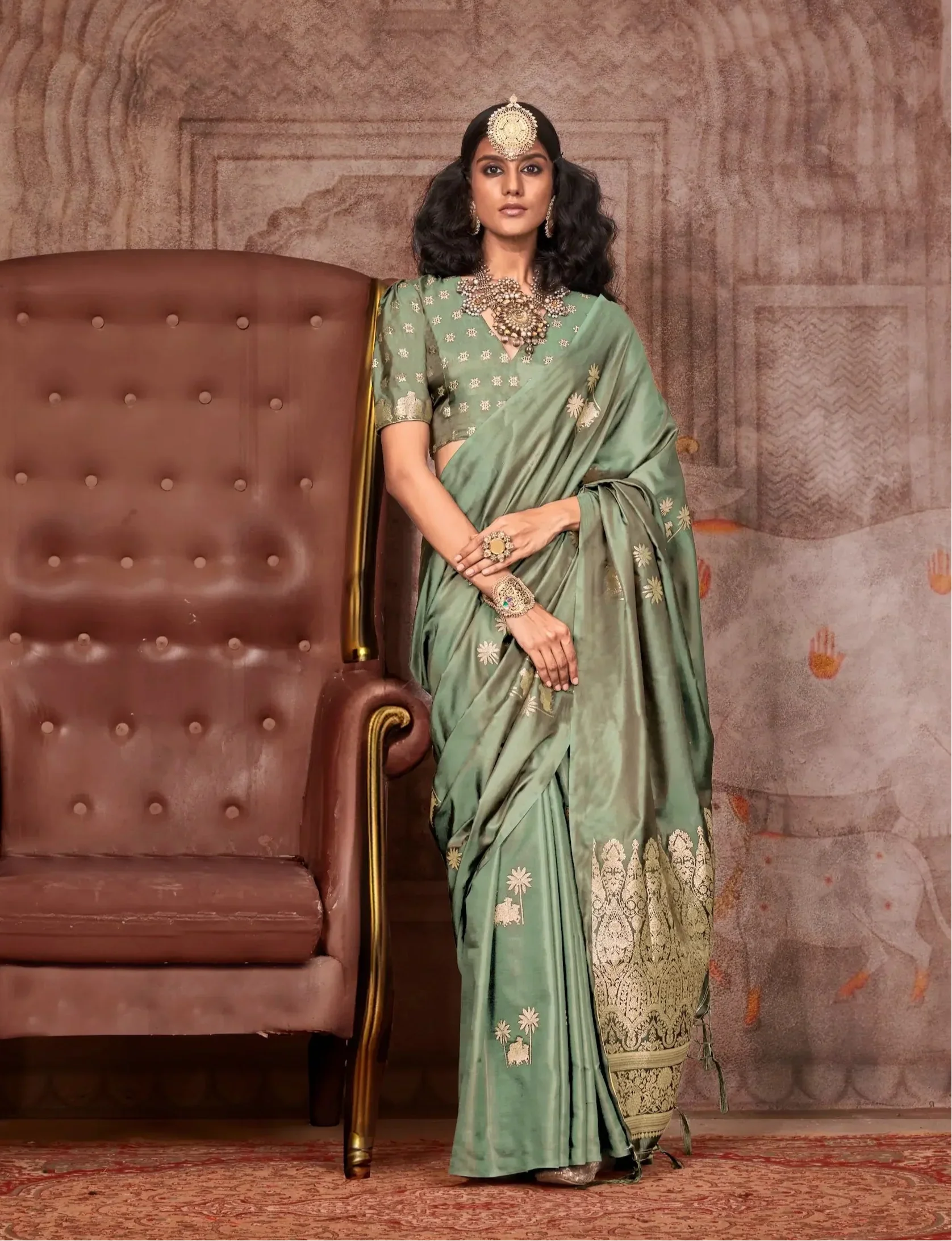 Pista Green Satin Handloom Zari Weaving Silk Saree - qivii