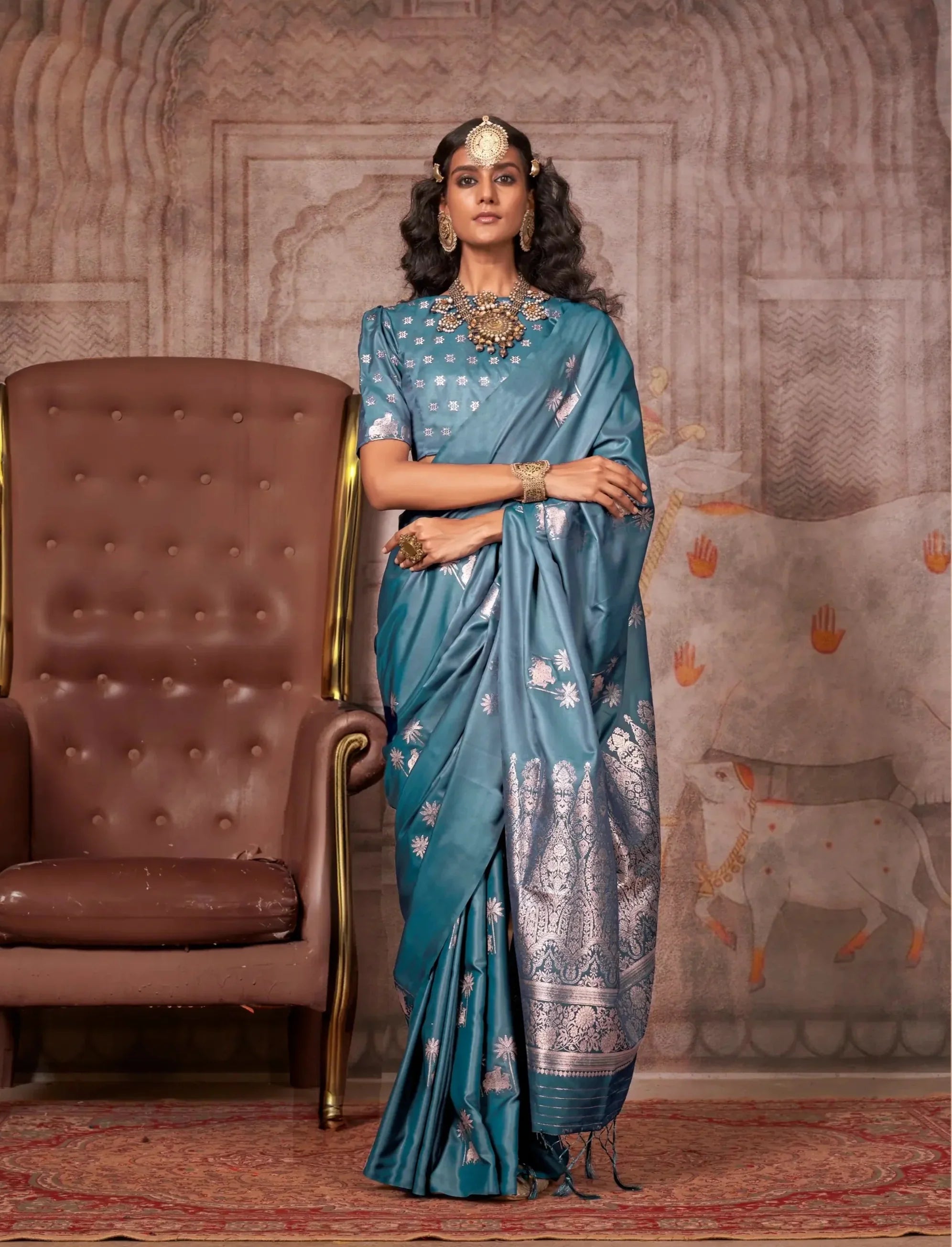 Dusty Blue Satin Handloom Zari Weaving Silk Saree - qivii