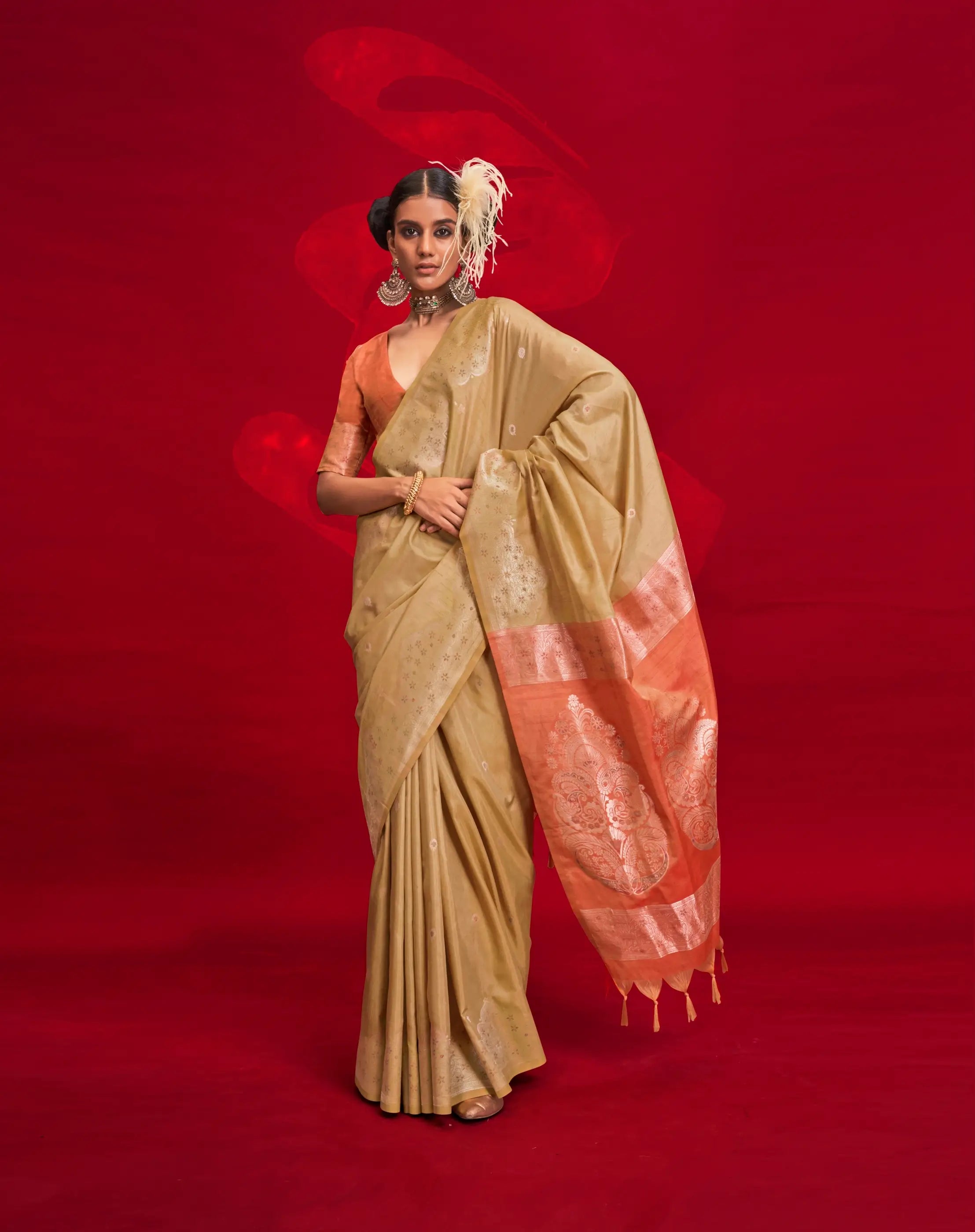 Sand Brown Tussar Silk Zari Weaving saree - qivii