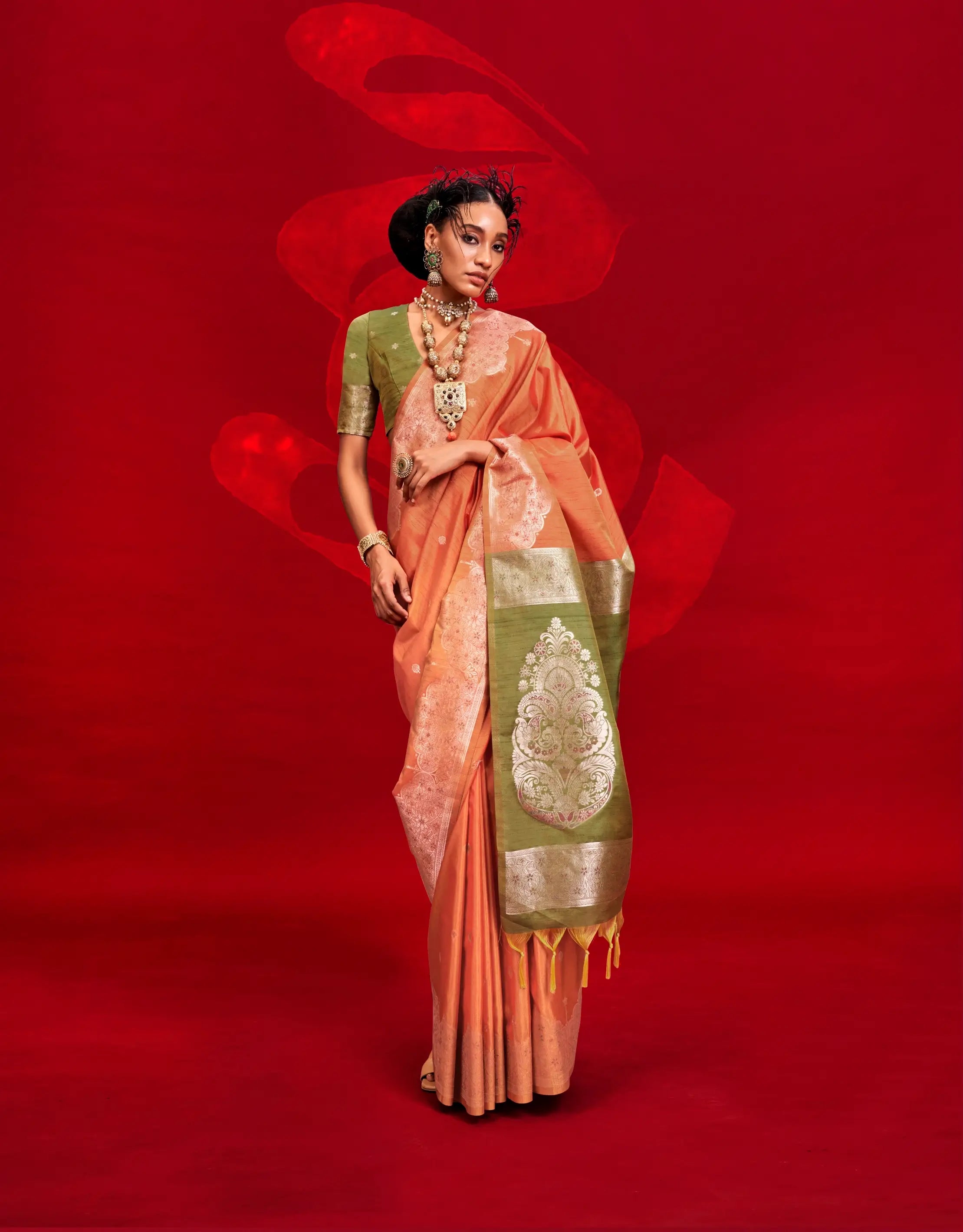 Orange Tussar Silk Zari Weaving saree - qivii