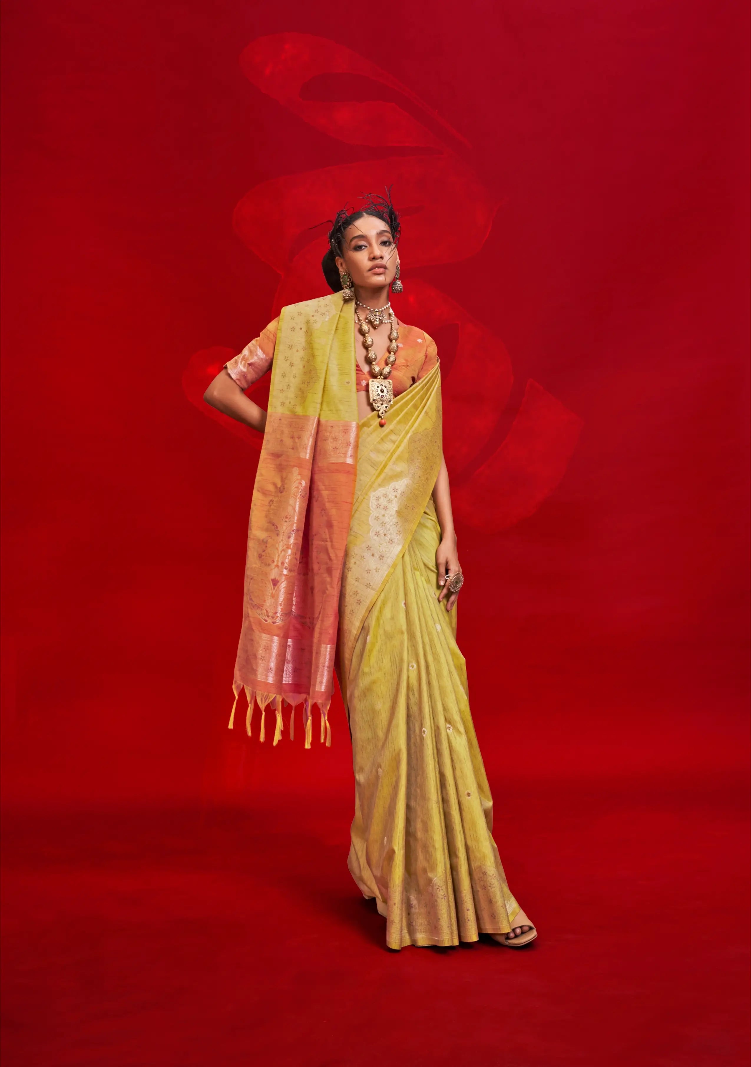 Yellow Tussar Silk Zari Weaving saree - qivii