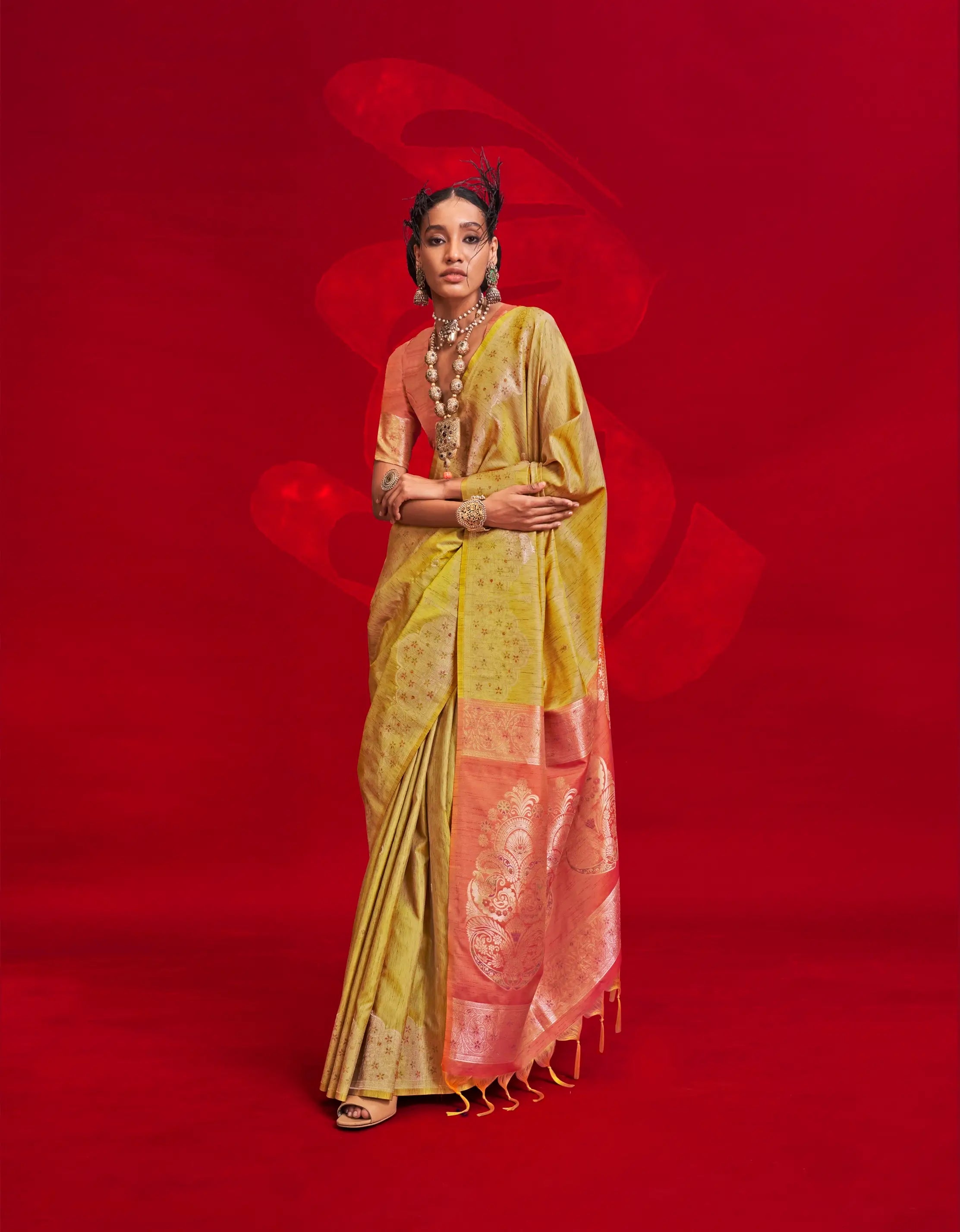 Yellow Tussar Silk Zari Weaving saree - qivii