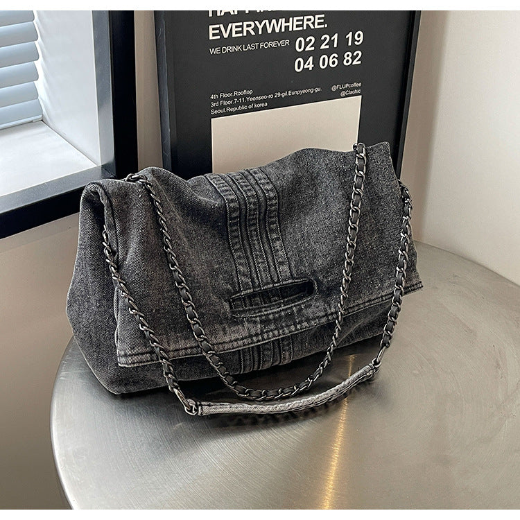 Women's Vintage Denim Tote Bag with Chain Strap – Structured Large-Capacity Crossbody & Shoulder Bag