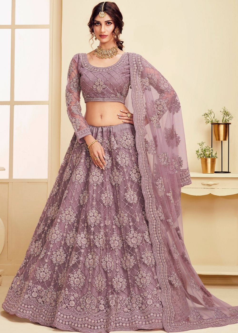 Plum Violet Soft Net Lehenga Choli with Cording Embroidery & Stone work | Ready To Wear - qivii