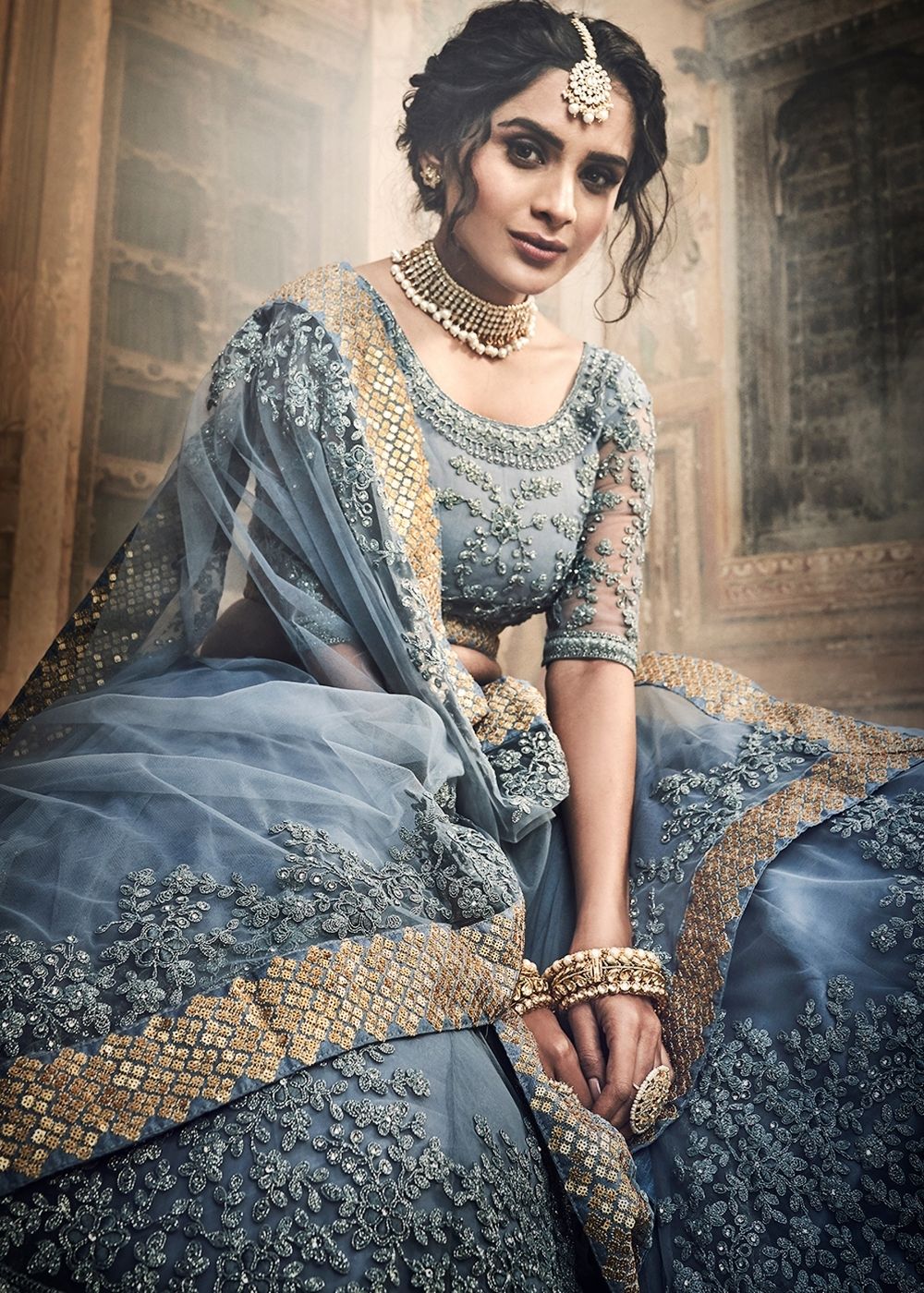 Cornflower Blue Soft Net Lehenga Choli with Dori & Zarkan work | Ready To Wear - qivii