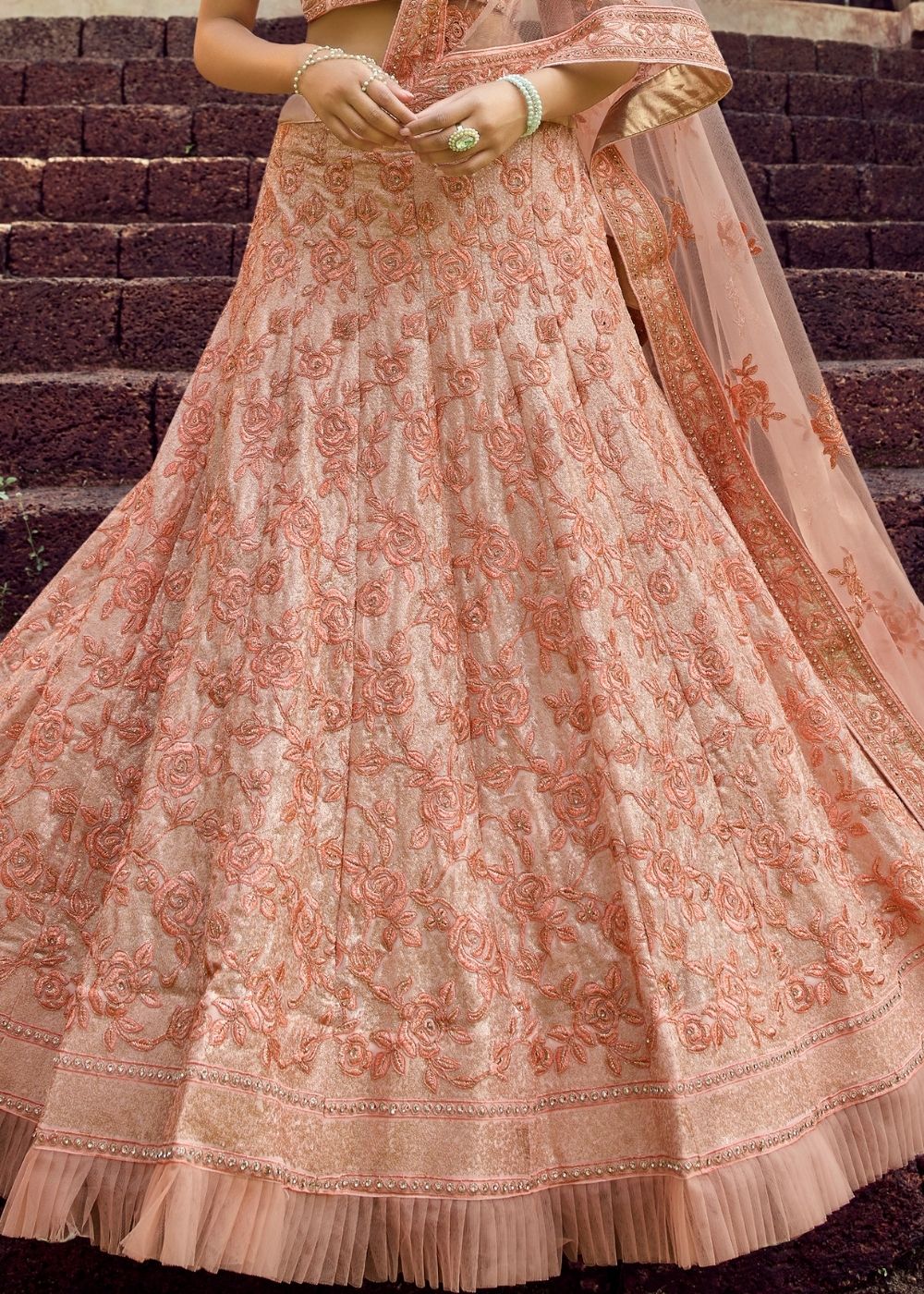 Peach Pink Georgette Lehenga Choli with Sequins & Resham work | Ready To Wear - qivii