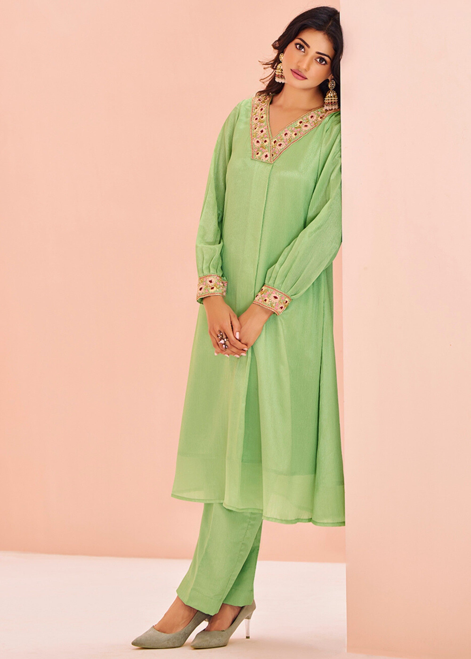 Chinon Green Handwork Kurta with Pant - qivii