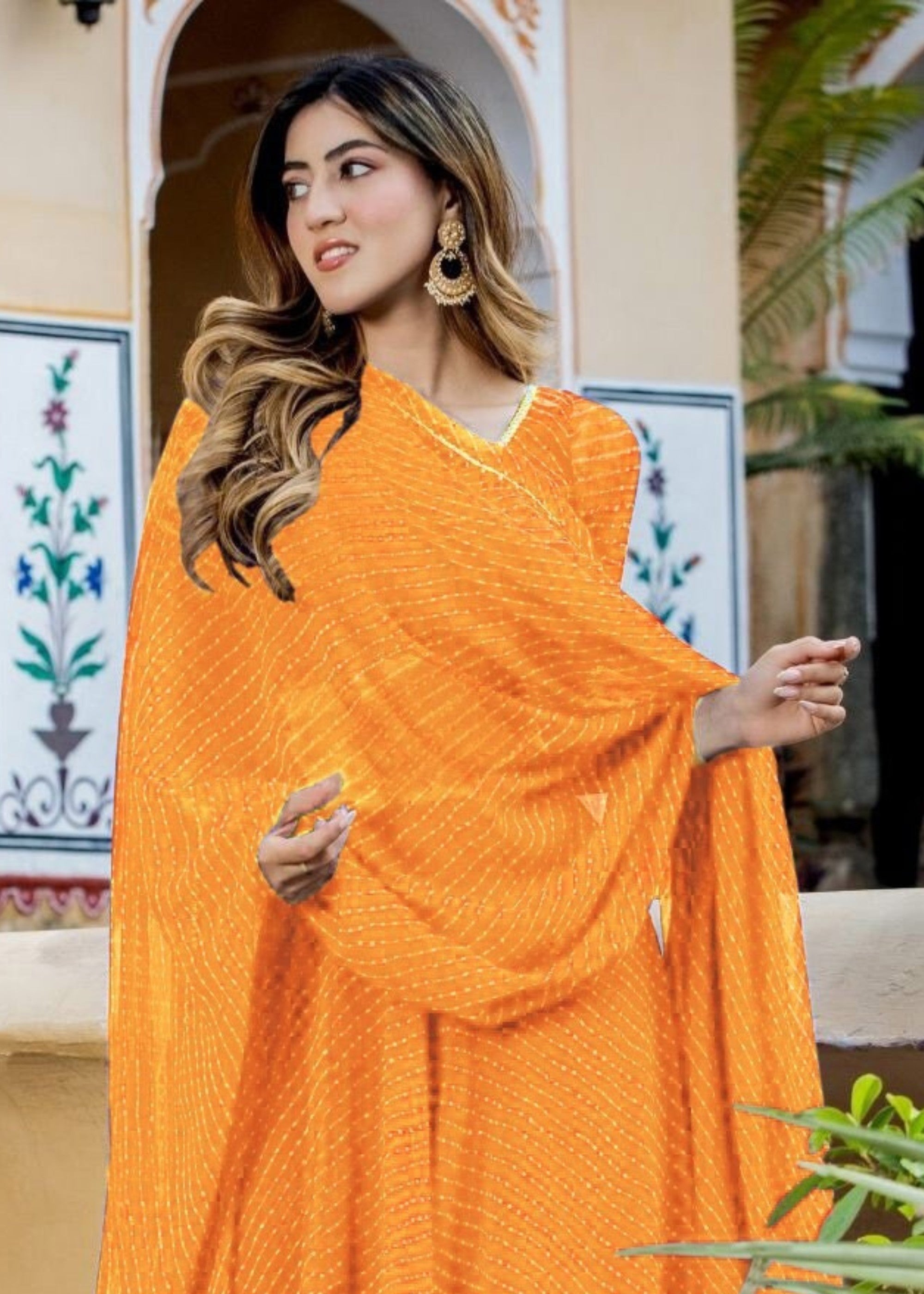 Tang Orange Georgette Leheriya Print Lehenga With Zari And Lace Work | Ready To Wear - qivii