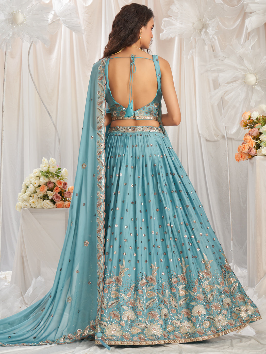 Turquoise Blue - Golden Dull-Bright Sequin,Golden-Sliver Threaded Embroidered Georgette Semi-Stitched Lehenga choli - qivii