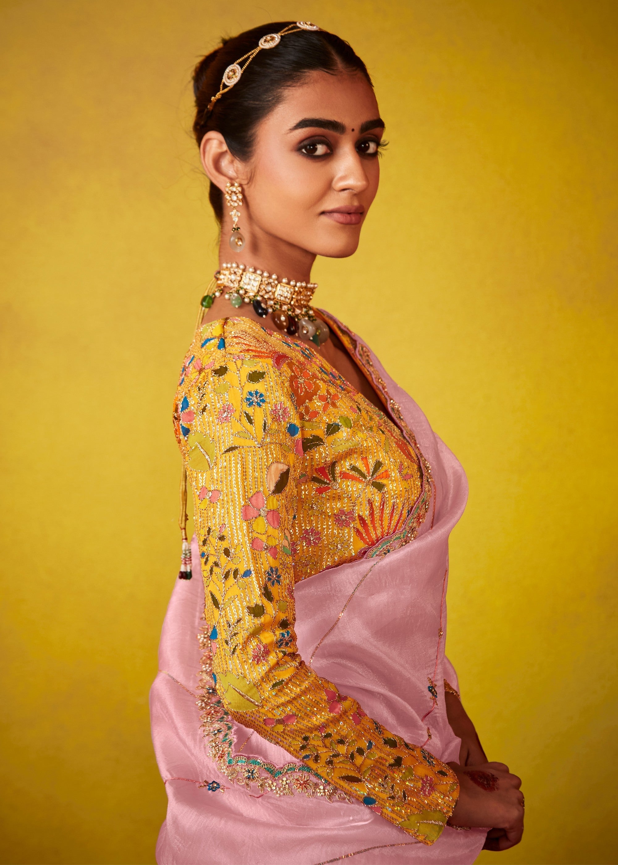 Soft Pink Glass Tissue Silk Saree With Sequins And Thread Embroidered Work - qivii