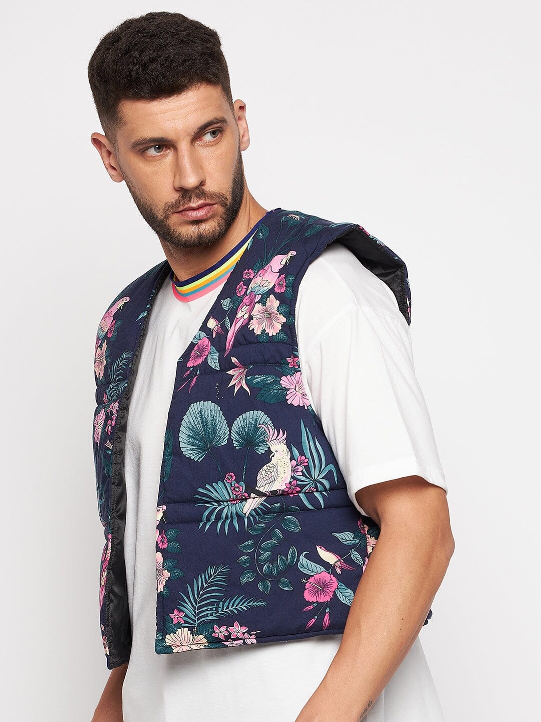 Navy Floral Print Sleeveless Puffer Jacket