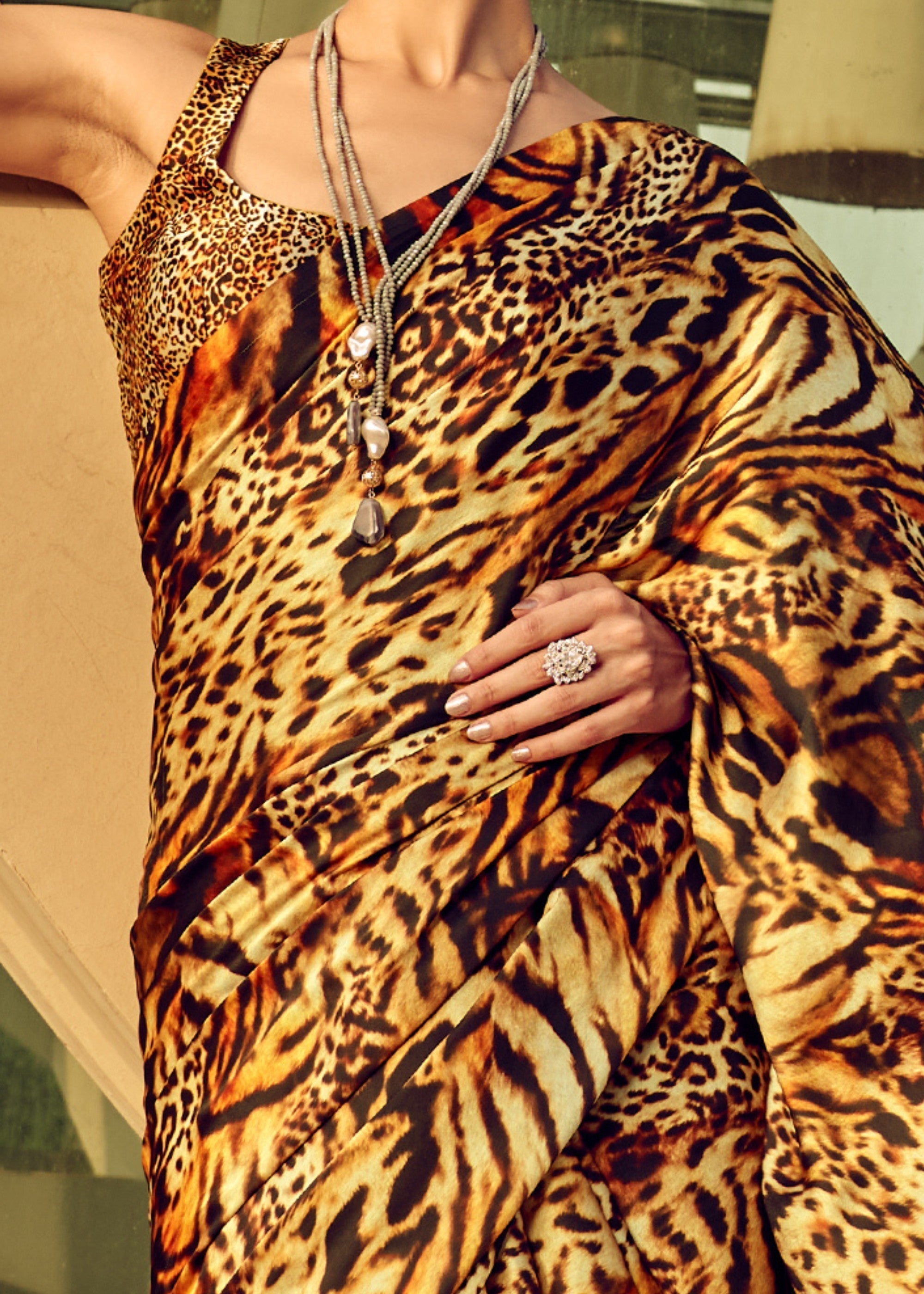 Leopard Satin Digital Printed Saree - qivii