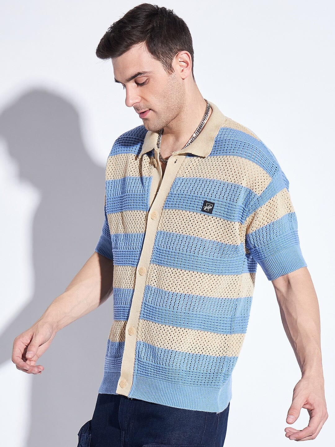 Blue & Beige Striped Crochet Shirt - qivii