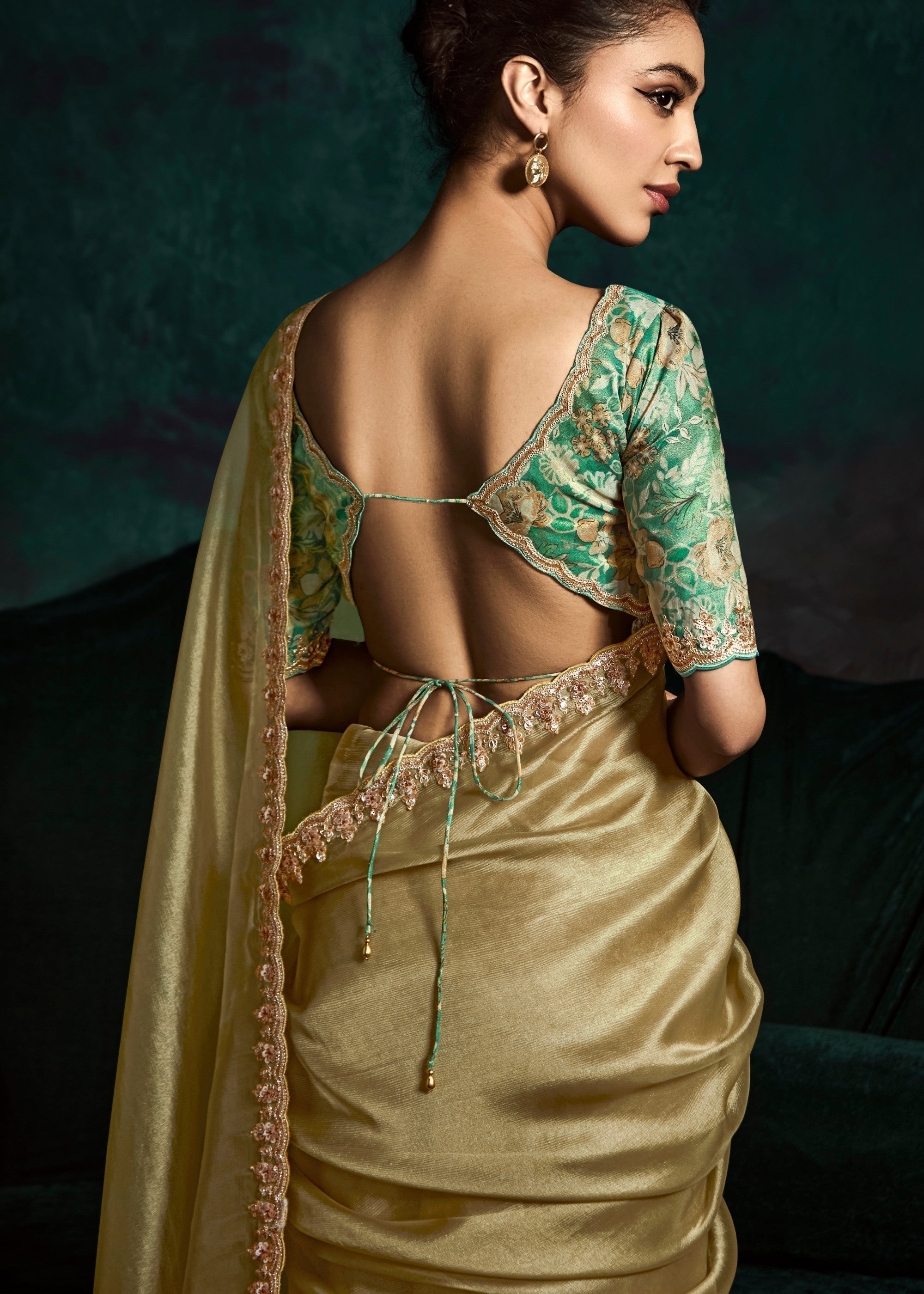 Golden Fancy Fabric Silk Saree With Sequins And Thread Embroidered Butti Work - qivii