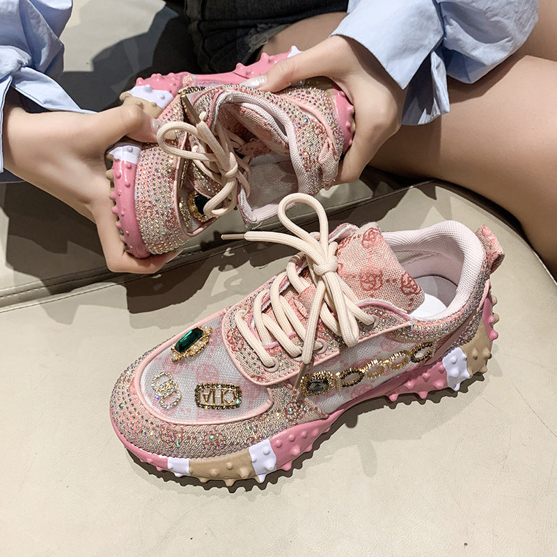 Women’s Lumira Embroidered Letter Mesh Platform Sneakers – Rhinestone Detail Chunky Sole Light Luxury Fashion Sneakers (US 4–10.5)