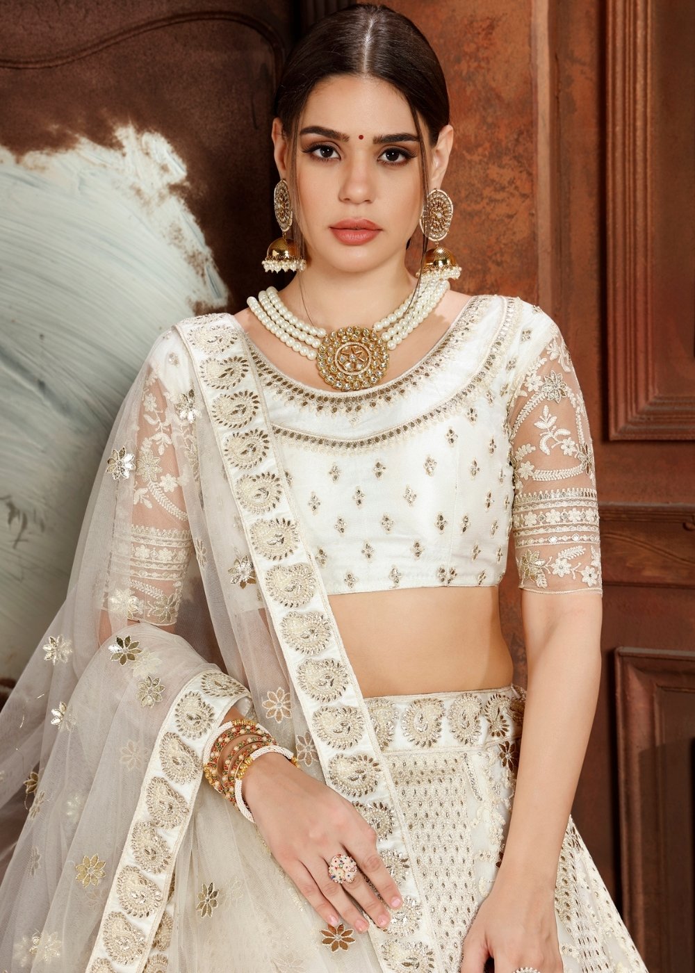 Daisy White Soft Net Lehenga Choli with Thread,Zari, Zarkan & Pearl work | Ready To Wear - qivii