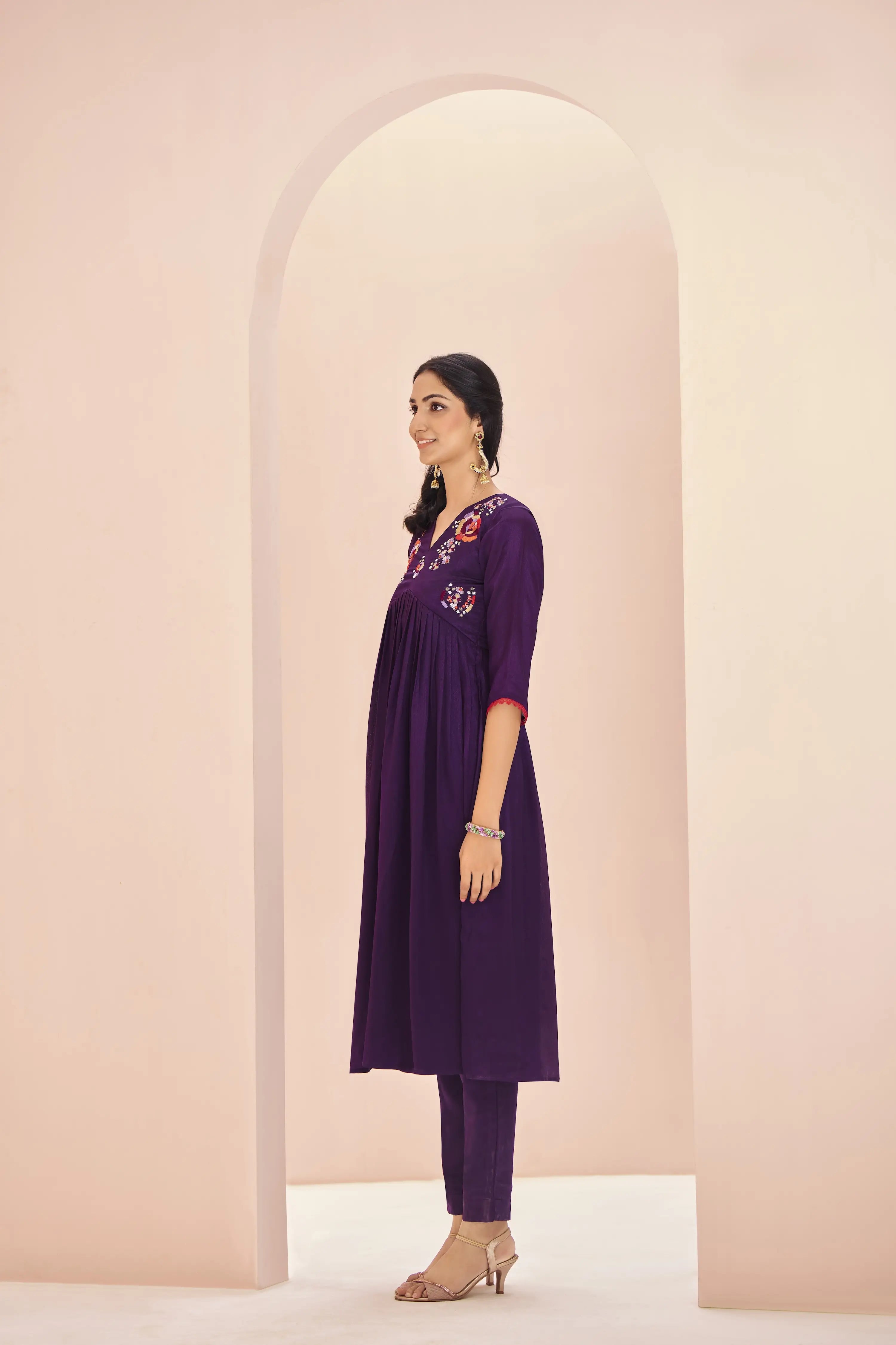 Wine Organza Salwar Suit With Handwork - qivii