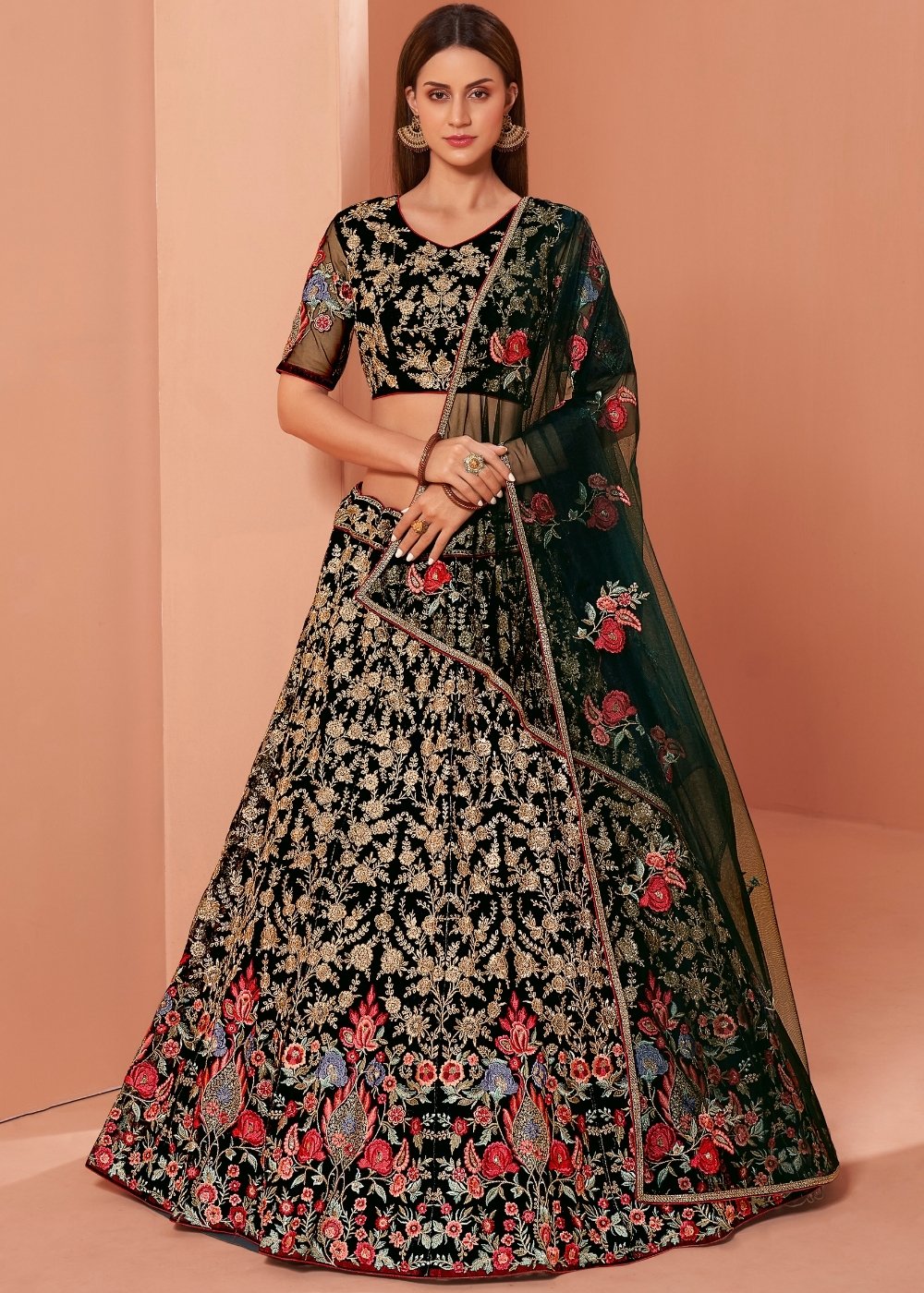 Timber Green Net Lehenga Choli with Thread, Zari & Sequence work: Wedding Edition | Ready To Wear - qivii