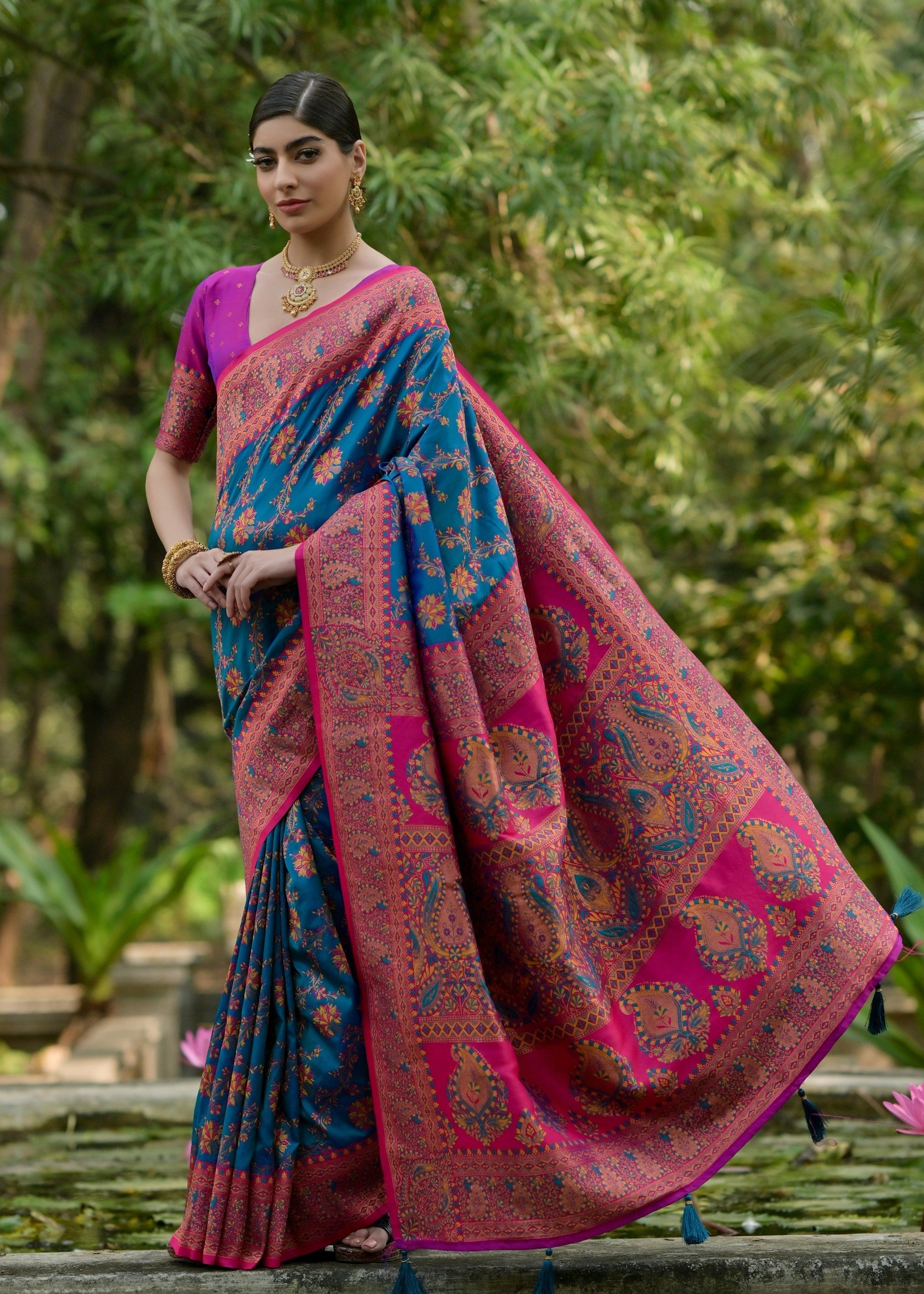 Aegean Blue Thread Woven Pashmina Silk Saree With Heavy Thread Woven Pallu - qivii