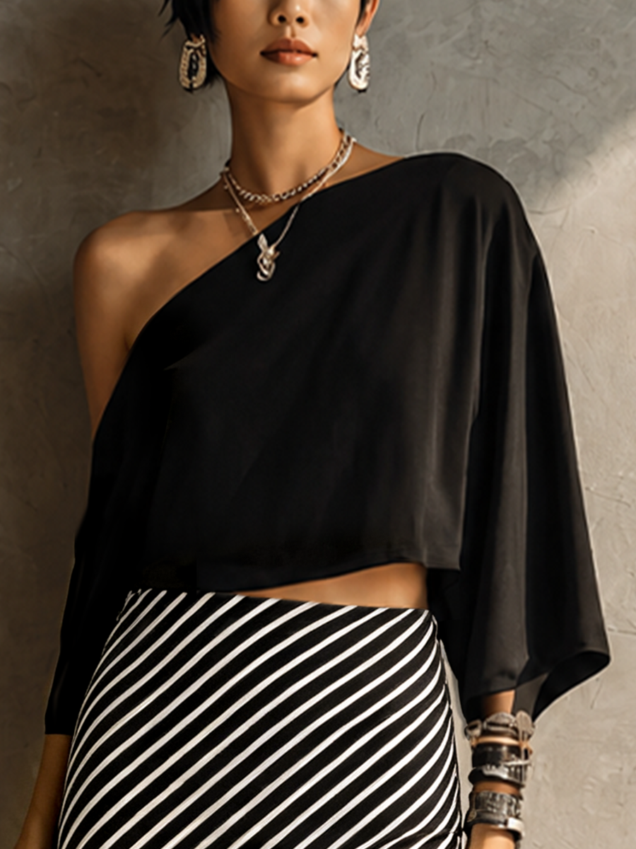 Women's Modern Elegant Black White Knit Cotton Blend One-Shoulder Striped Maxi Skirt Set MDZ2985G7GMJ