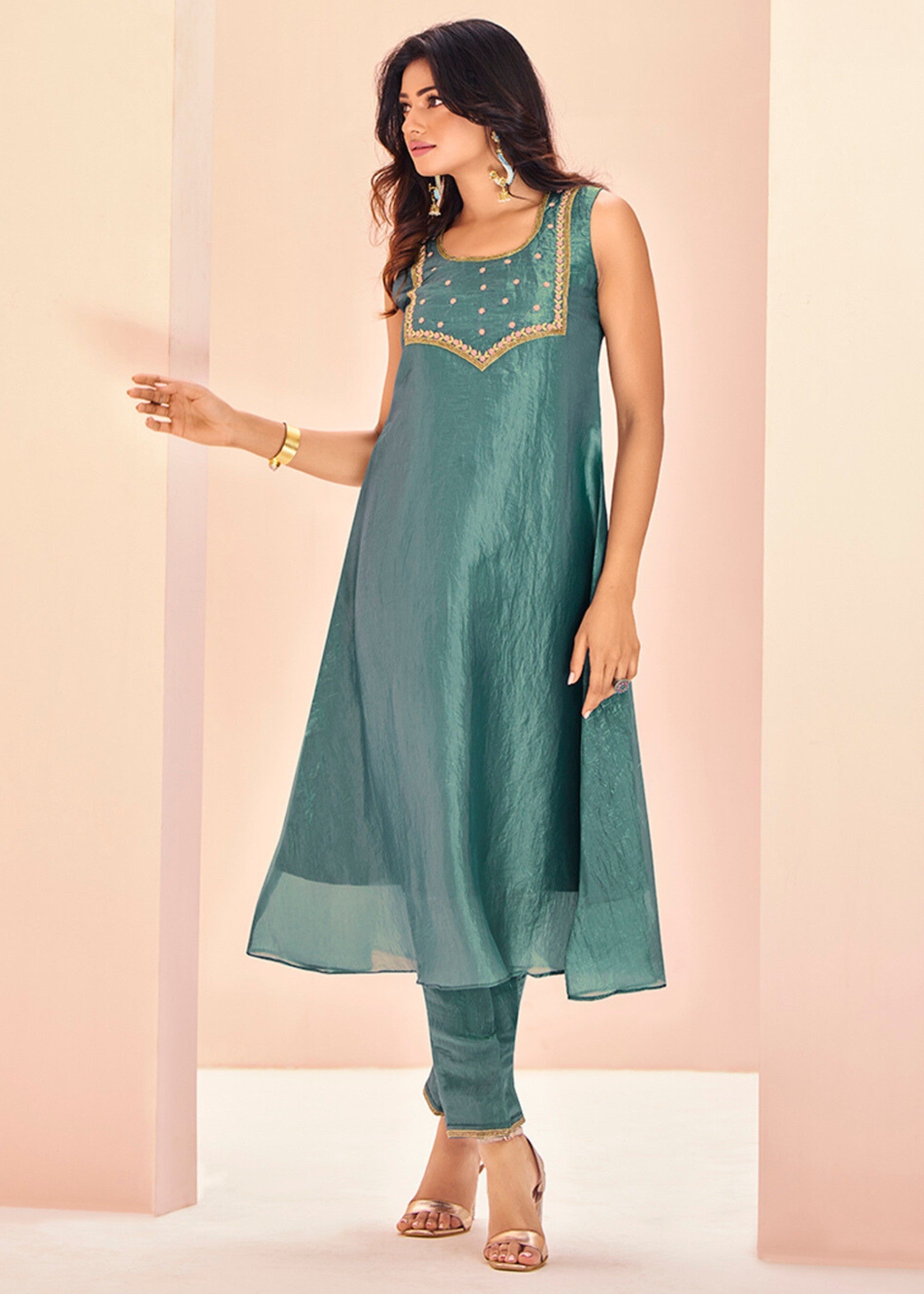Aqua Organza Handwork Kurta with Pant - qivii