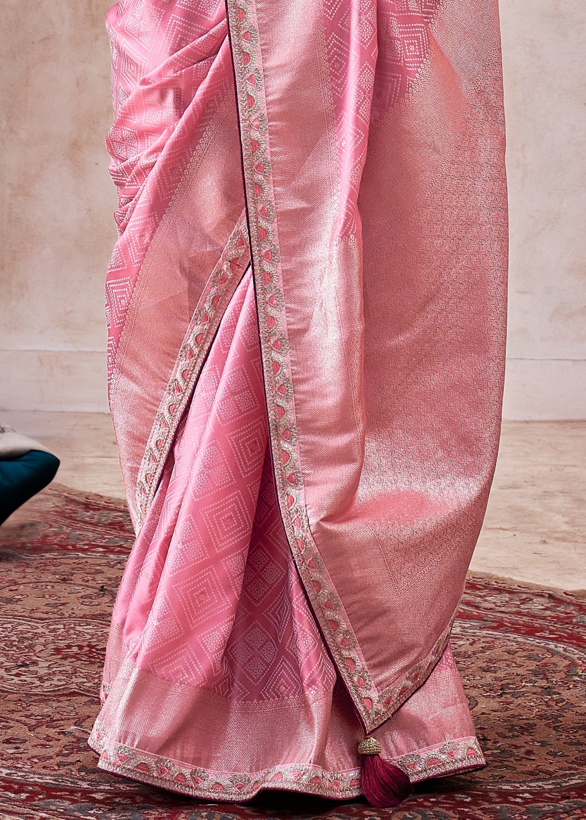 Blush Pink Satin Silk Saree With Heavy Embroidery Lace & Blouse - qivii