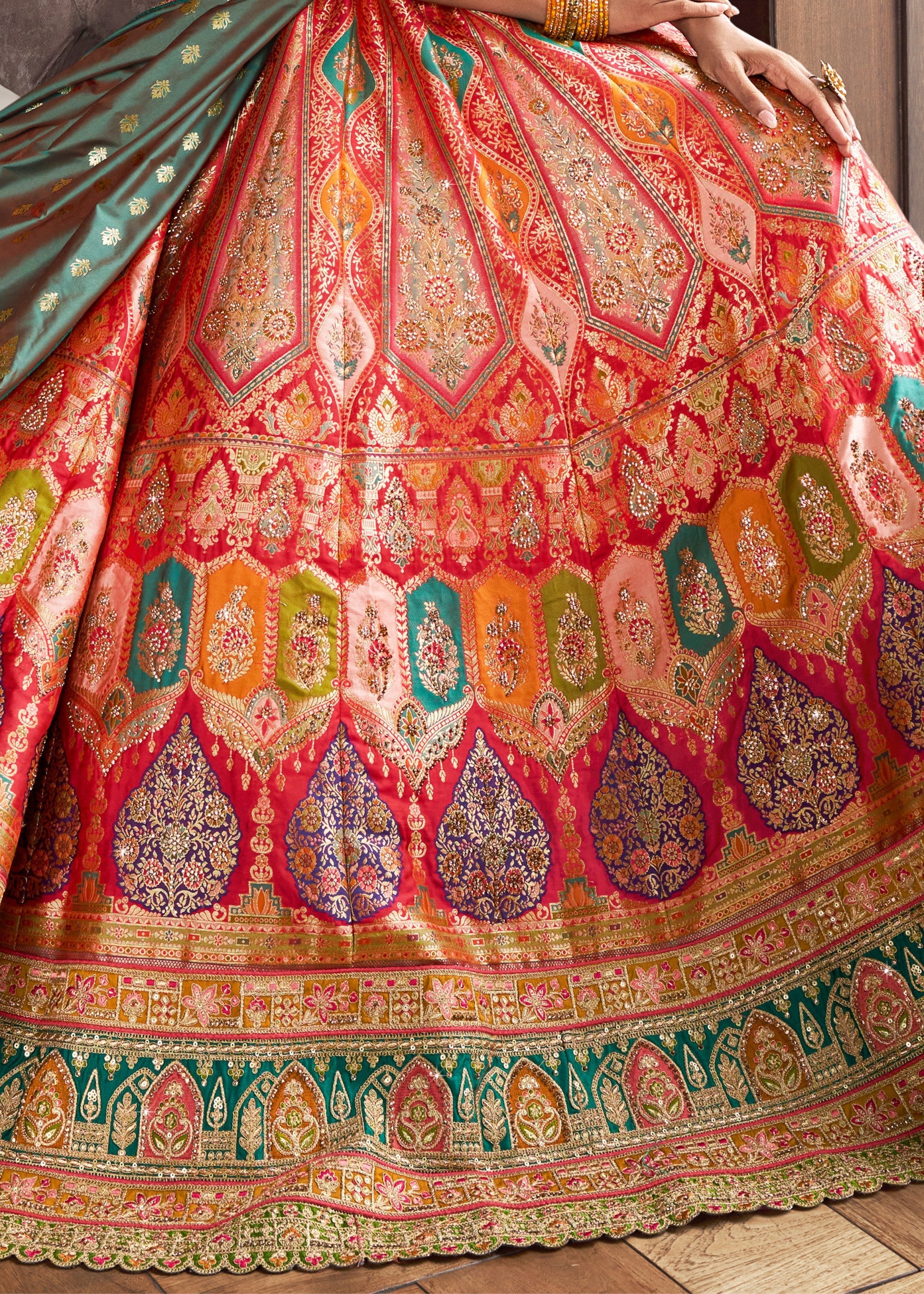 Jade Green & Pink Banarasi Silk Lehenga with Zarkan Codding work | Ready To Wear - qivii