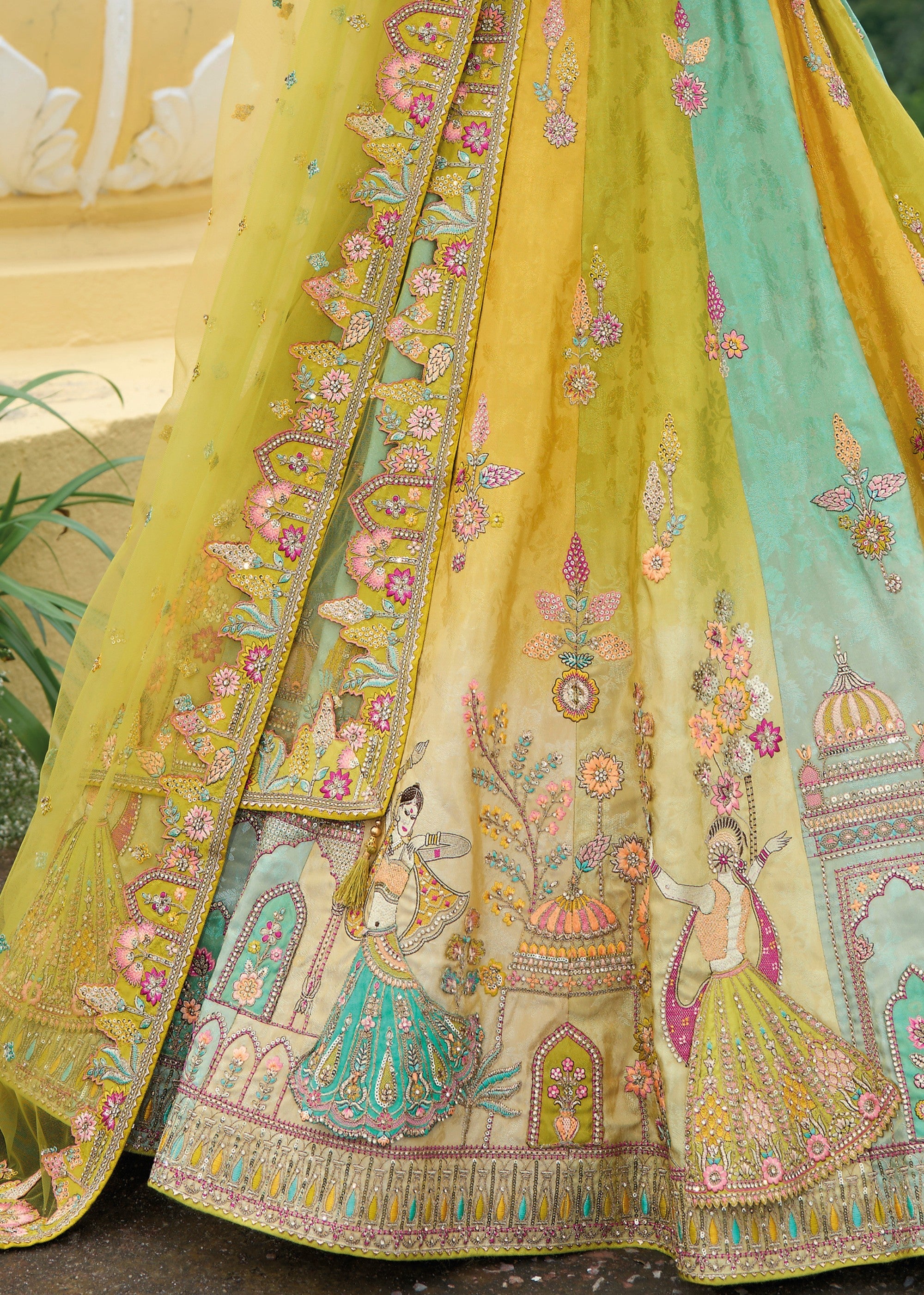 Lime Green Banarasi Silk Lehenga With Heavy Embroidery Work | Ready To Wear - qivii