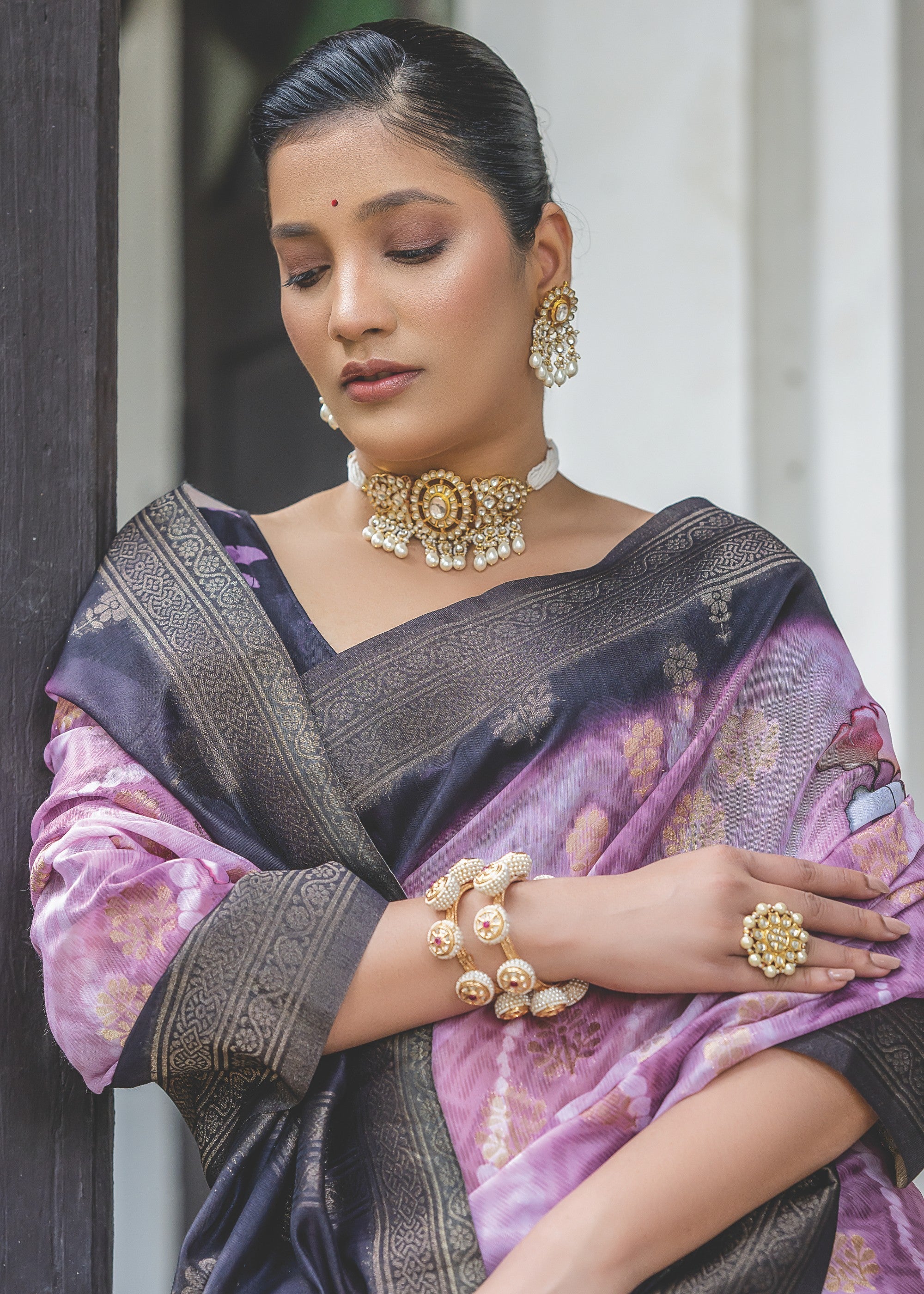 Lilac Purple Woven Silk Saree - qivii