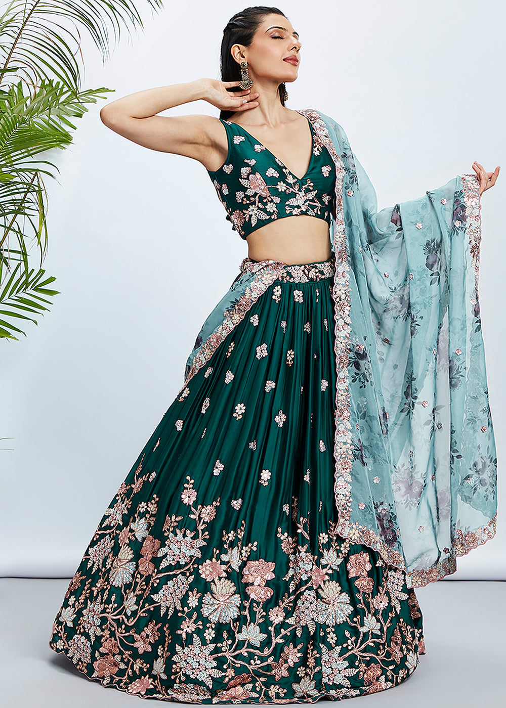 Dark Green Georgette Lehenga Choli with Sequins & Thread Embroidery work | Ready To Wear - qivii