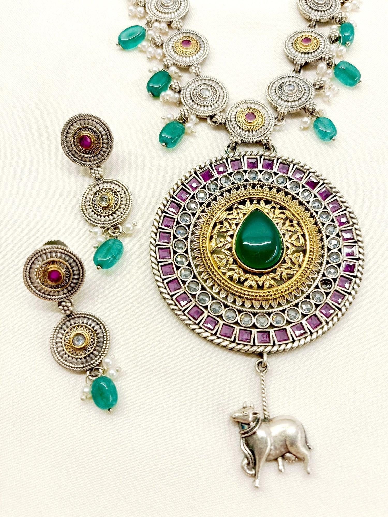 Heena R & G Long Oxidized Necklace Set - qivii