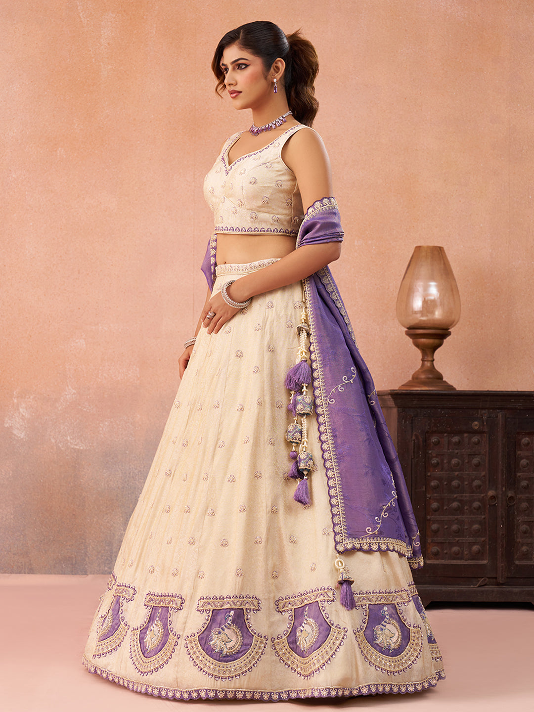 Cream Jacquard Heavy Beads with Sequins Embroidered Lehenga Set
