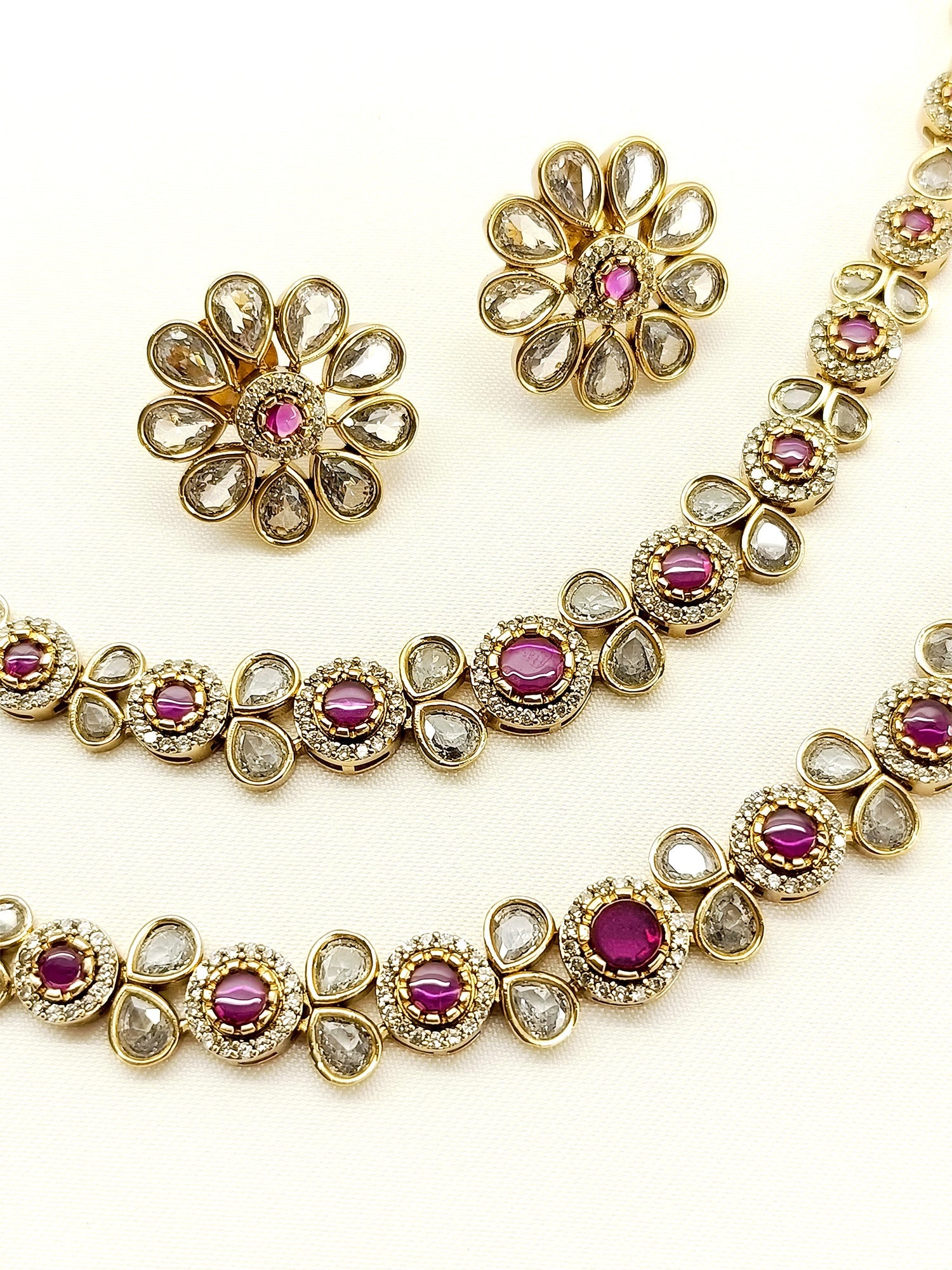 Laina Ruby Double layered Polki Necklace Set - qivii