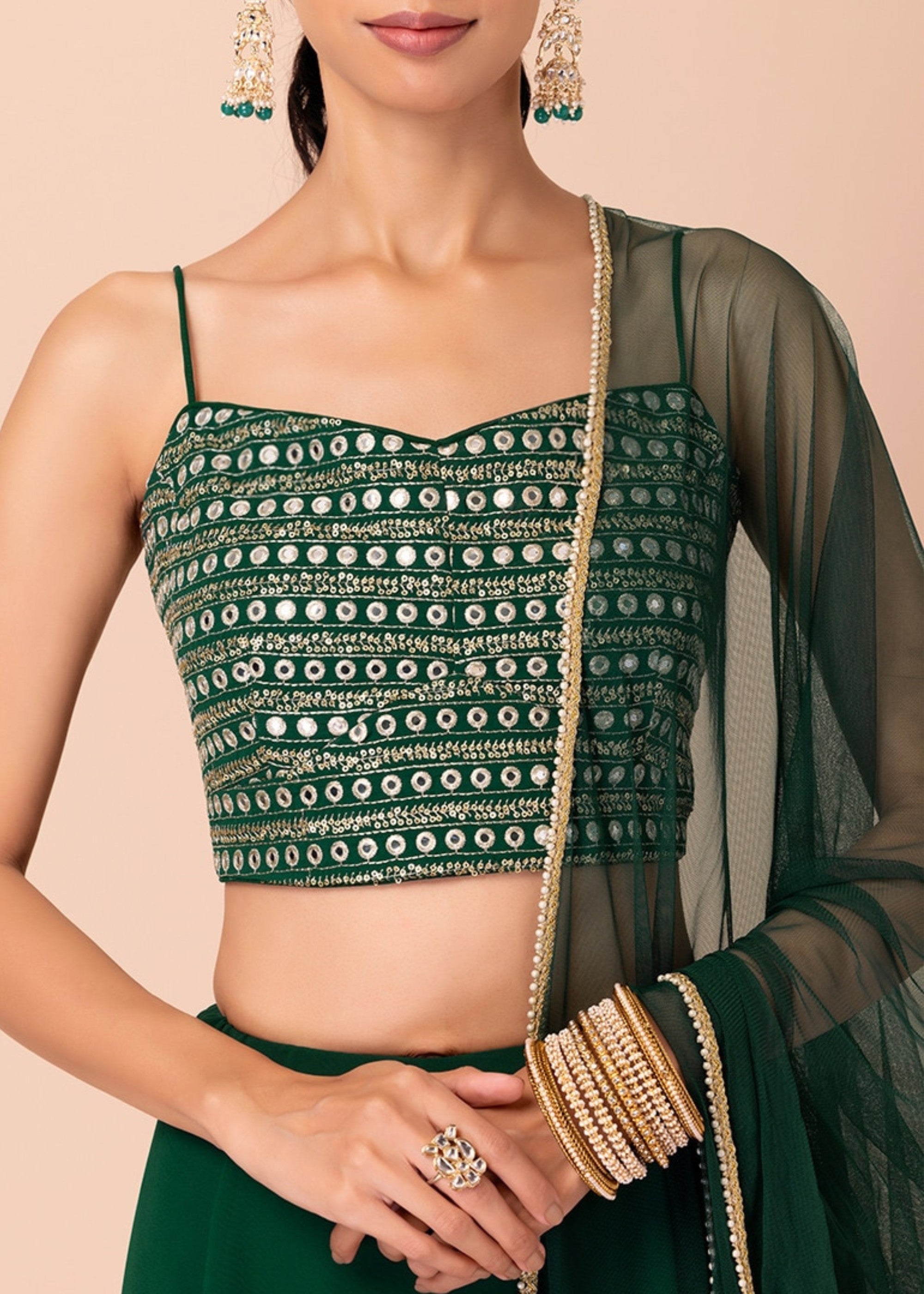 Dark Green Georgette Lehenga Choli With Sequins And Thread Embroidery Work | Ready To Wear - qivii