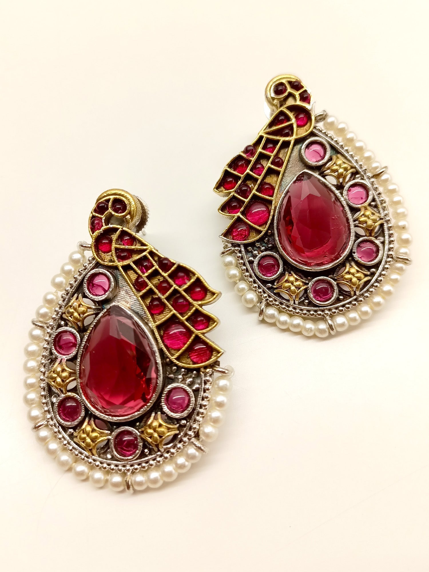 Konkana Maroon Peacock Oxidized Earrings - qivii