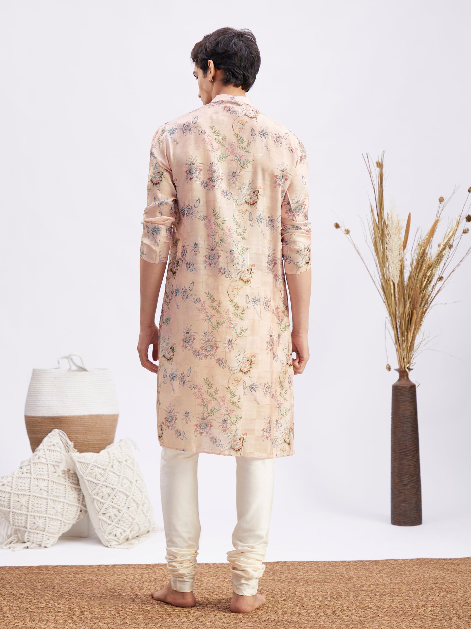 Men's Pink Floral Printed Silk Blend Kurta Pyjama Set