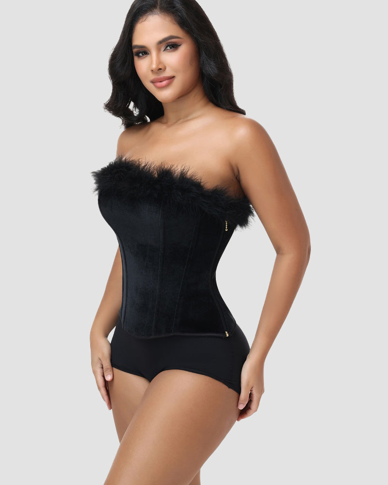 Black Velvet Feather Trim Strapless Corset Top with Lace Up Back