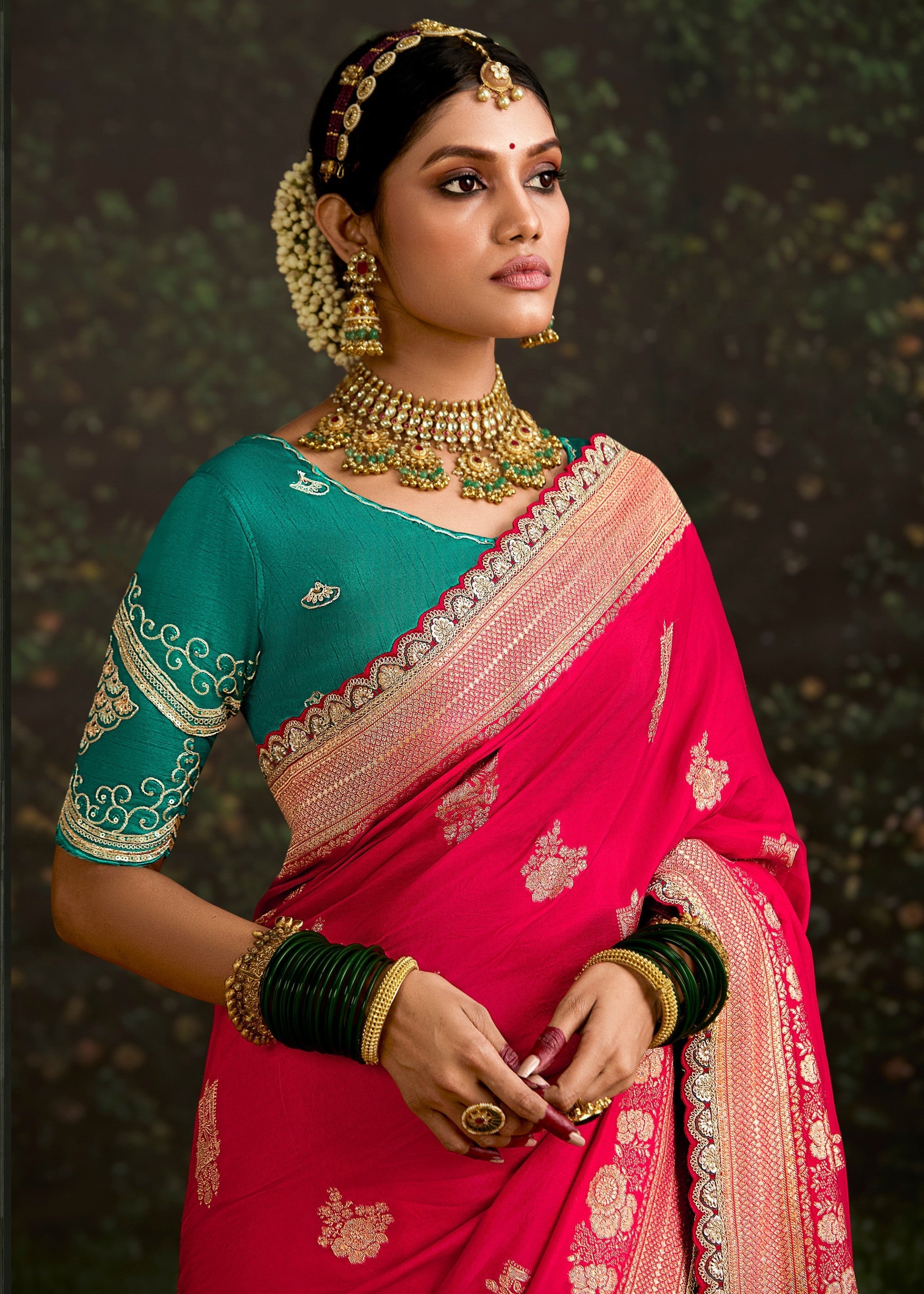 Pink and Teal Viscose silk Saree with zari work - qivii