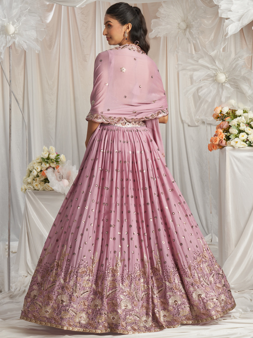 Rosegold - Golden Dull-Bright Sequin,Golden-Sliver Threaded Embroidered Georgette Semi-Stitched Lehenga choli - qivii