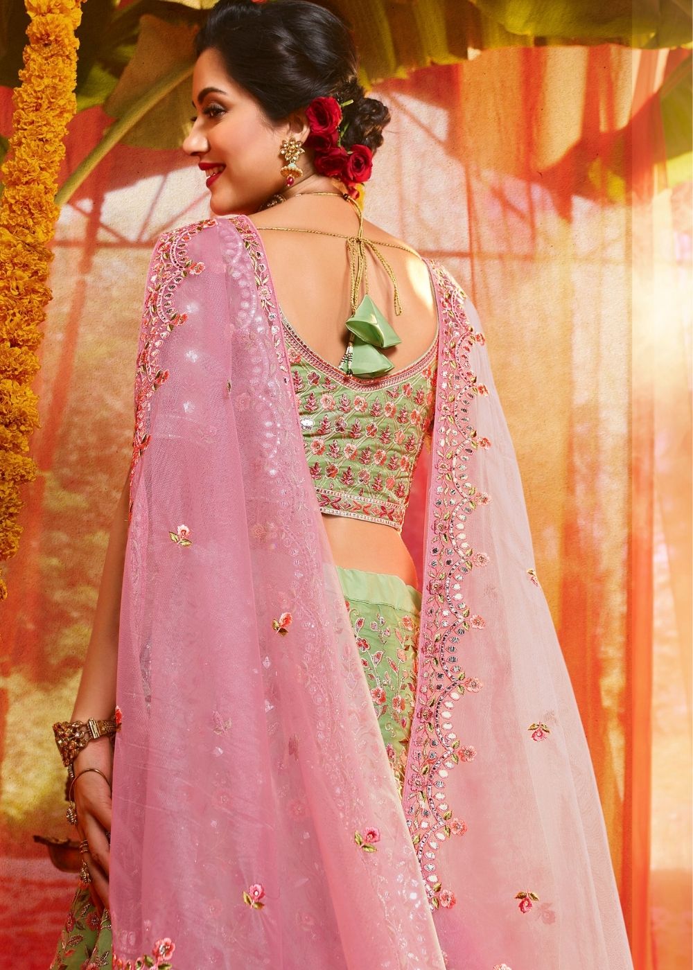 Mint Green Organza Designer Lehenga Choli with Foil, Mirror, Thread and Zari work (Pre-Order) | Ready To Wear - qivii