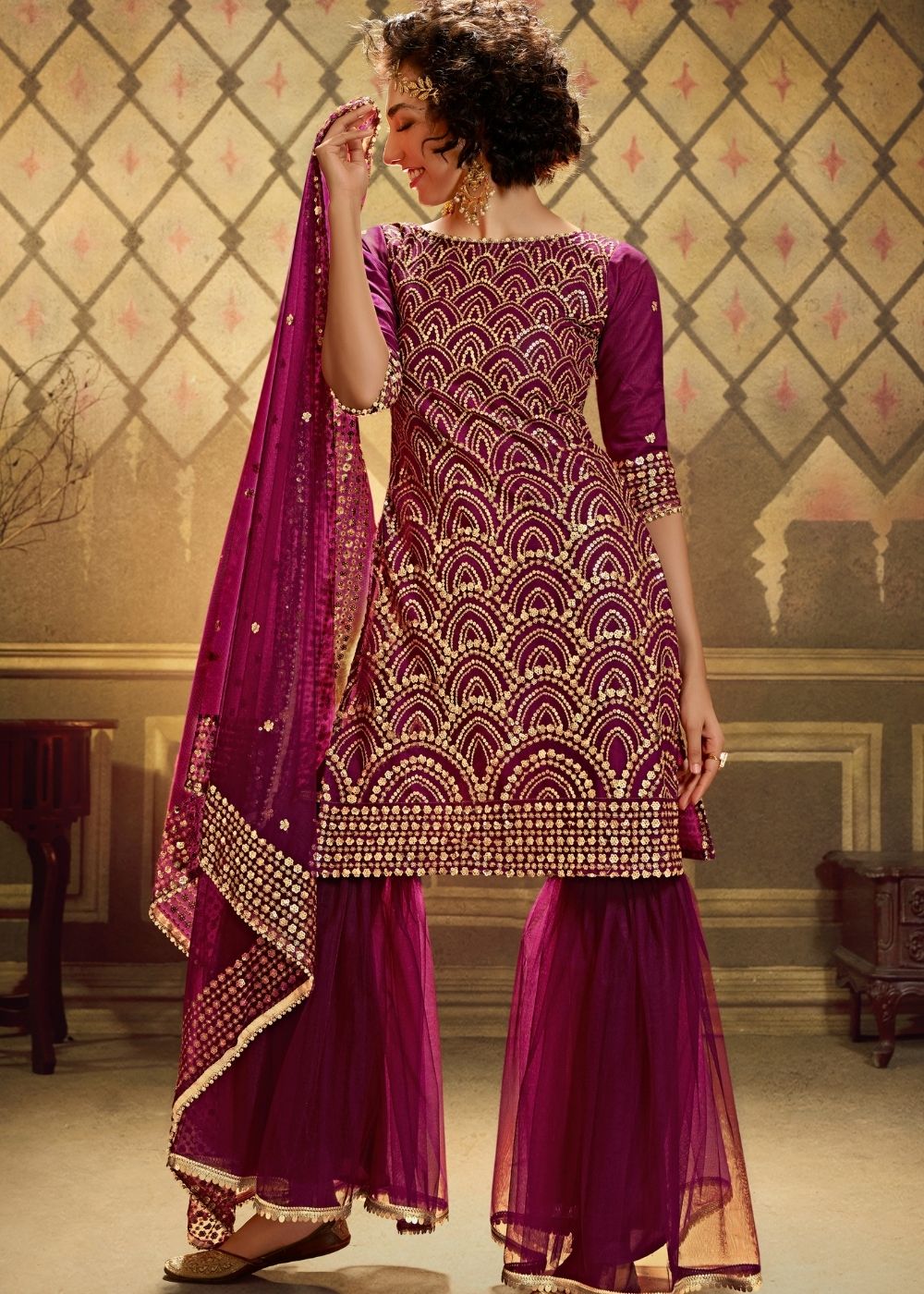 Wine Designer Soft Net Sharara Suit with overall Sequins work - qivii